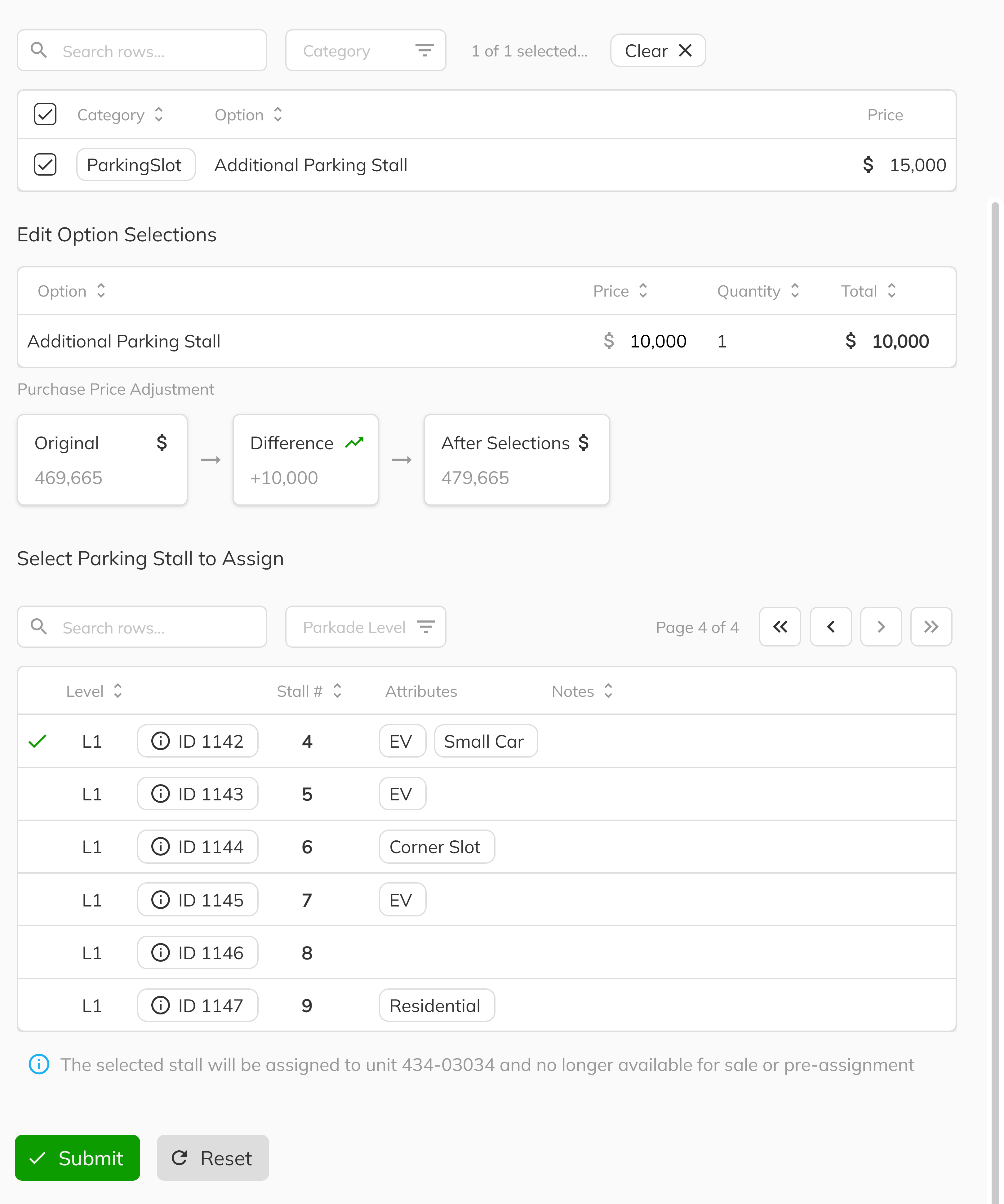Parking stall selection grid and price entry in the option workflow