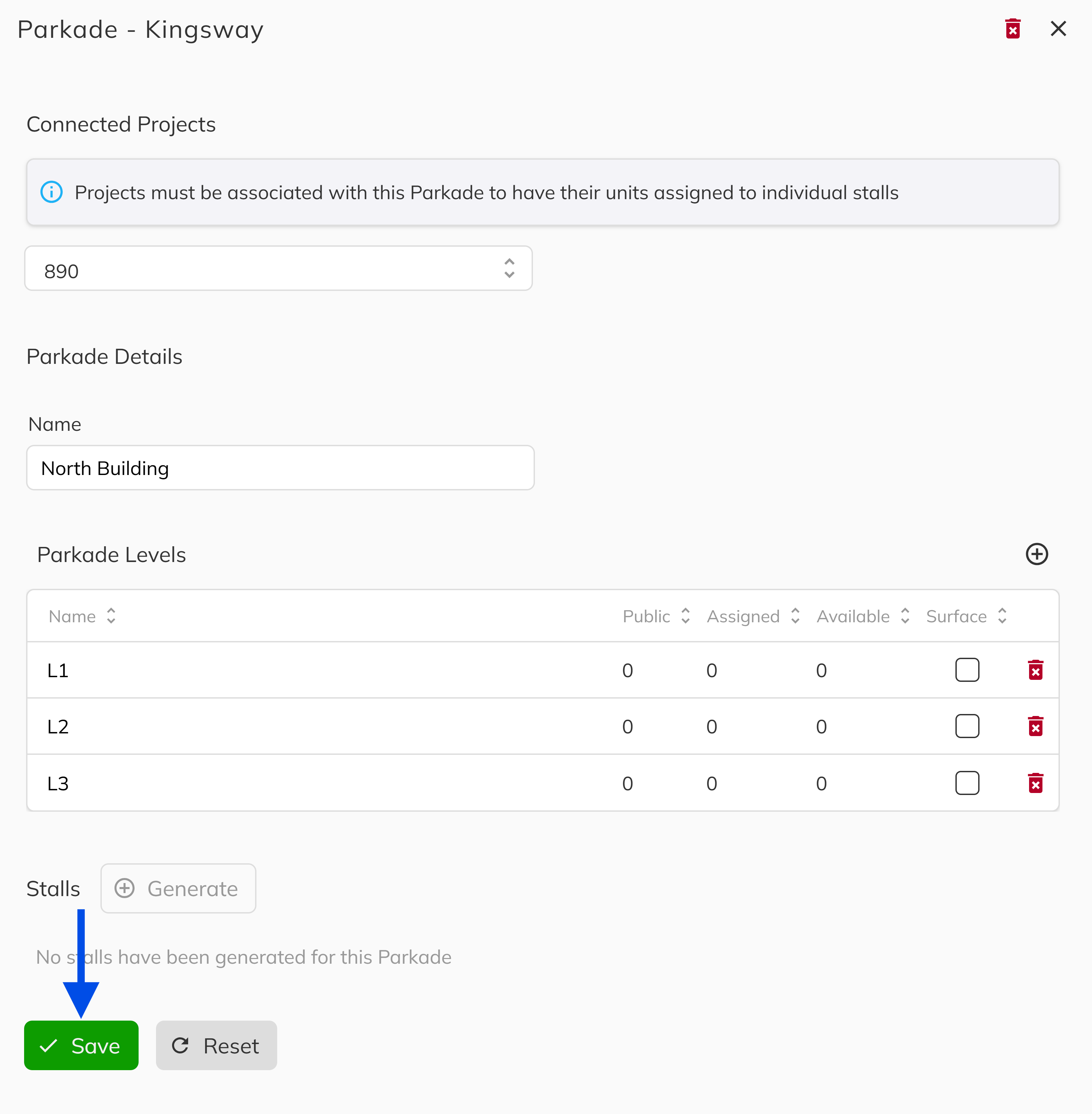 Parkade levels configuration showing multiple levels with ground level toggle