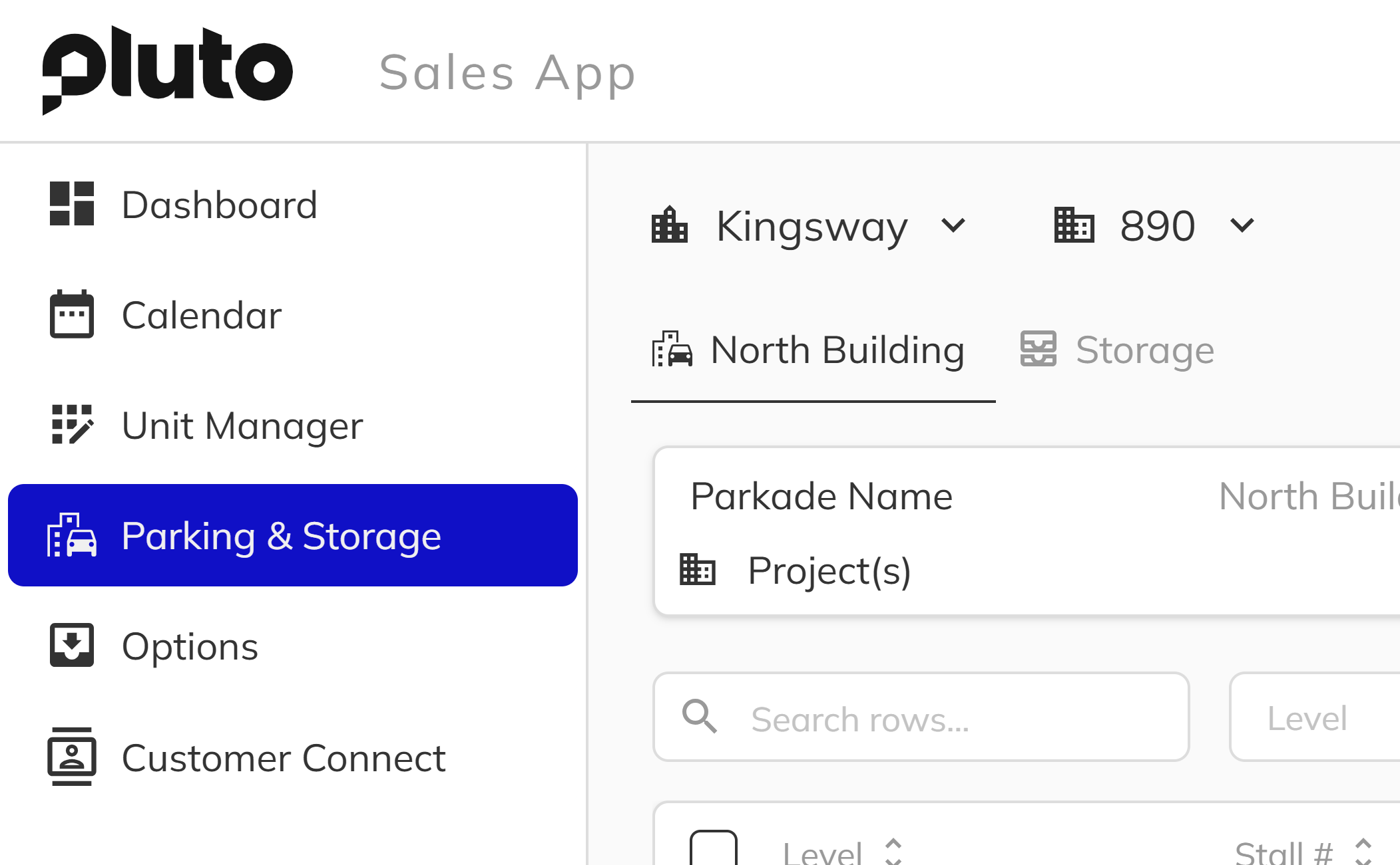 Parking and Storage side menu item and parking stalls grid