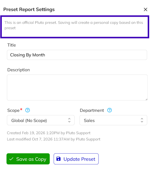 Preset Report Settings dialog
