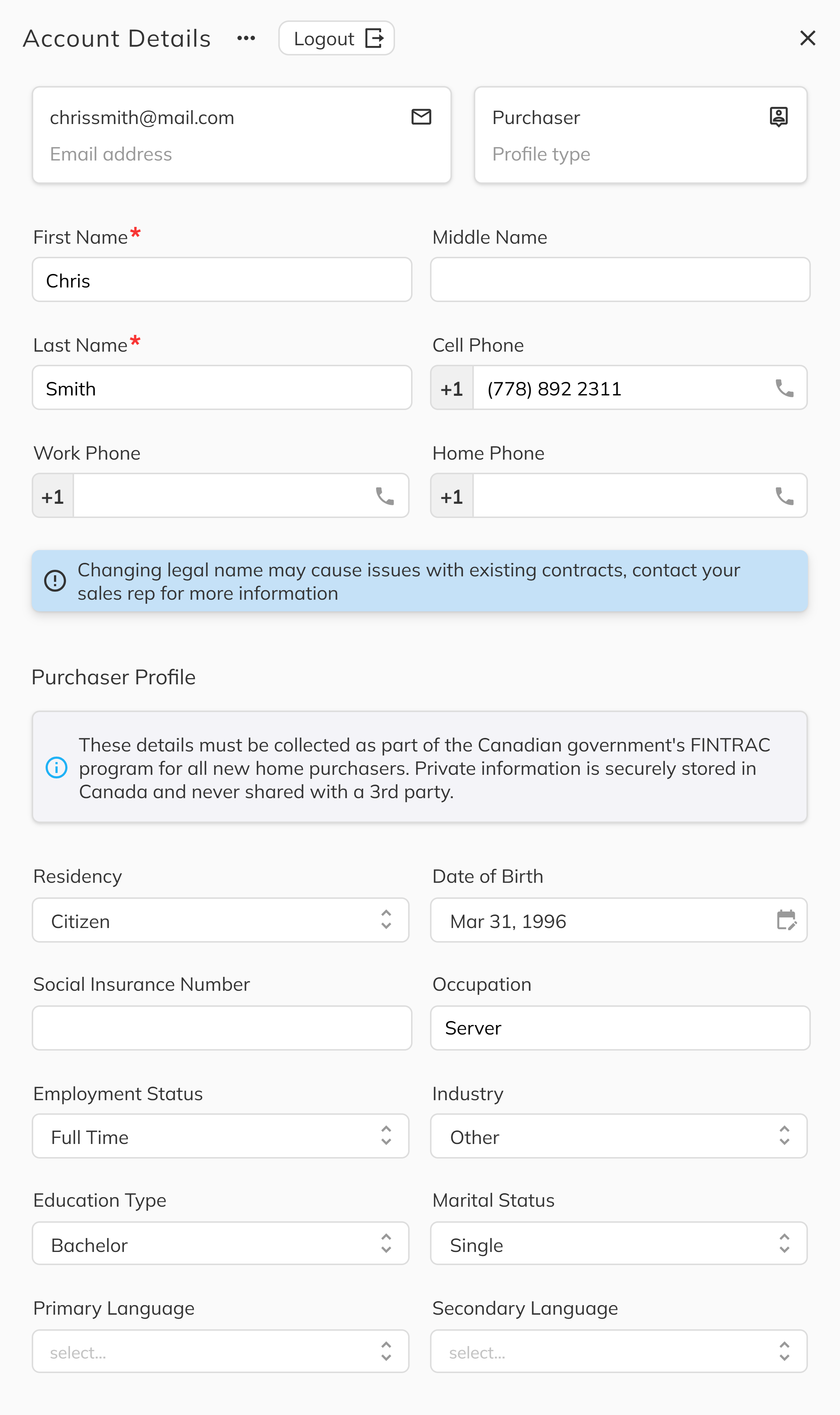 Profile Settings Screen