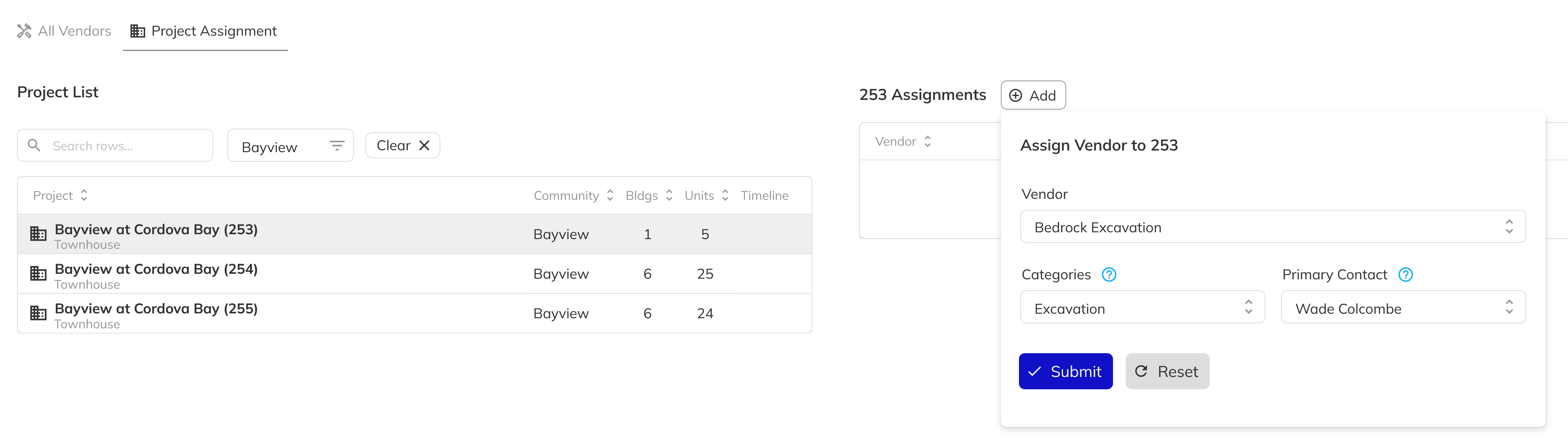 Project Assignment tab showing assigned vendors and the Assign Vendor button