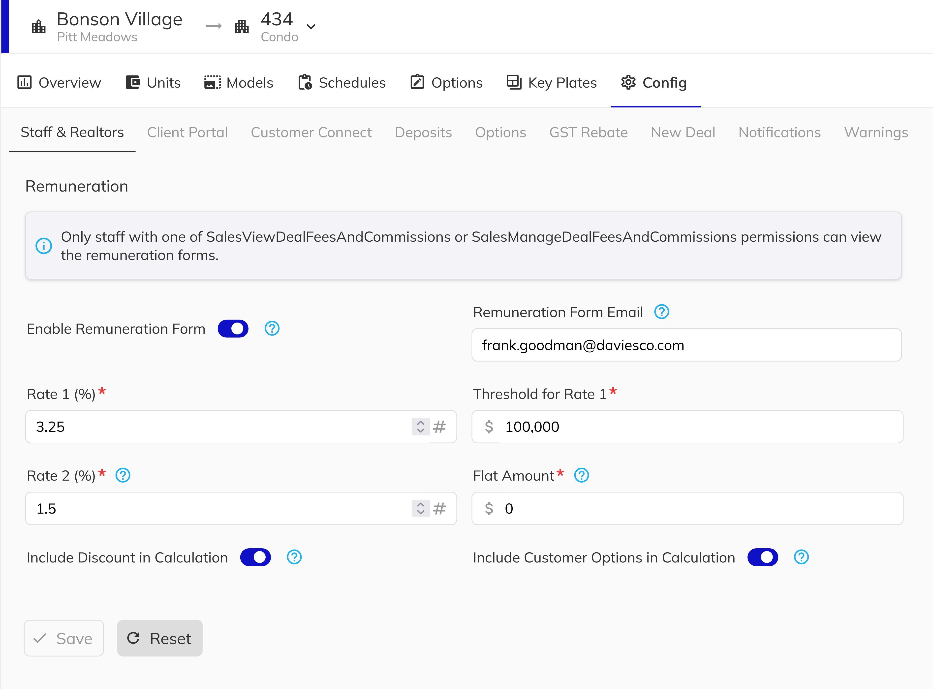 Project Configuration — Commissions section showing the Remuneration Form settings