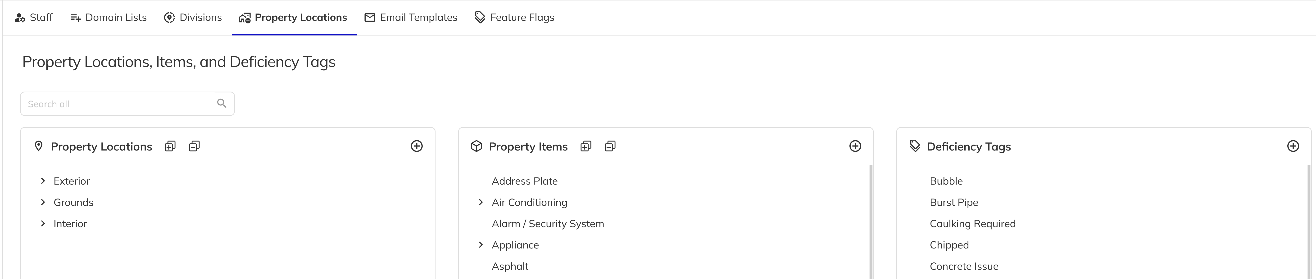 Property Locations page showing the location, item, and deficiency tag panels