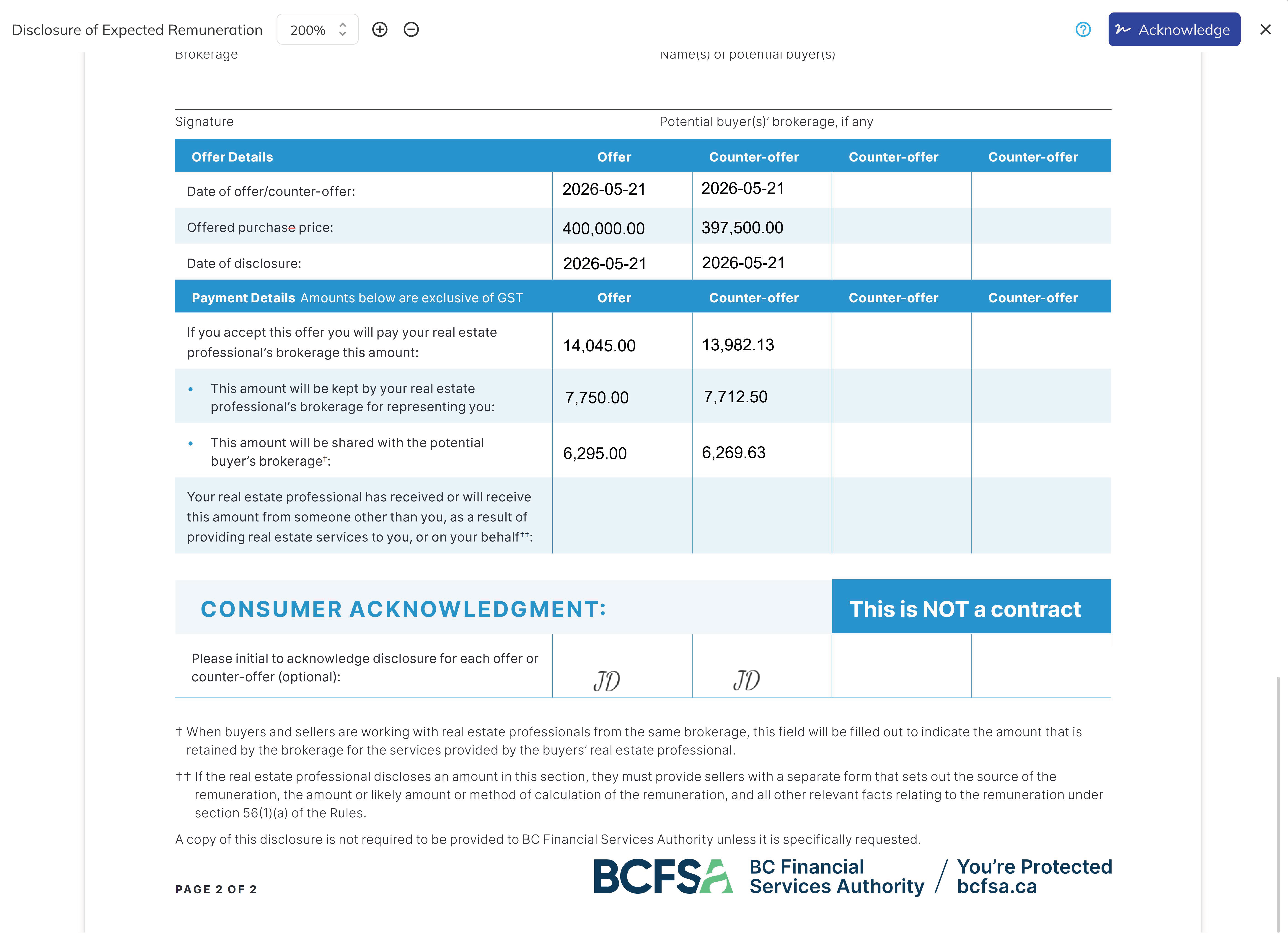 Remuneration dialog showing the PDF preview with offer columns populated