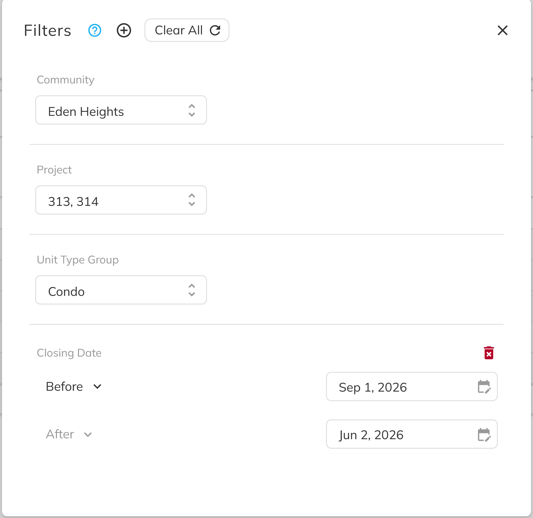 Filter bar with Community, Project, and Unit Type filters