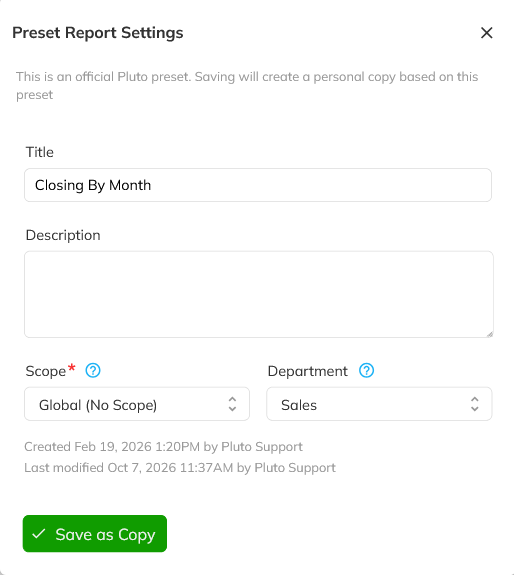 Save as Copy button in the Preset Report Settings dialog