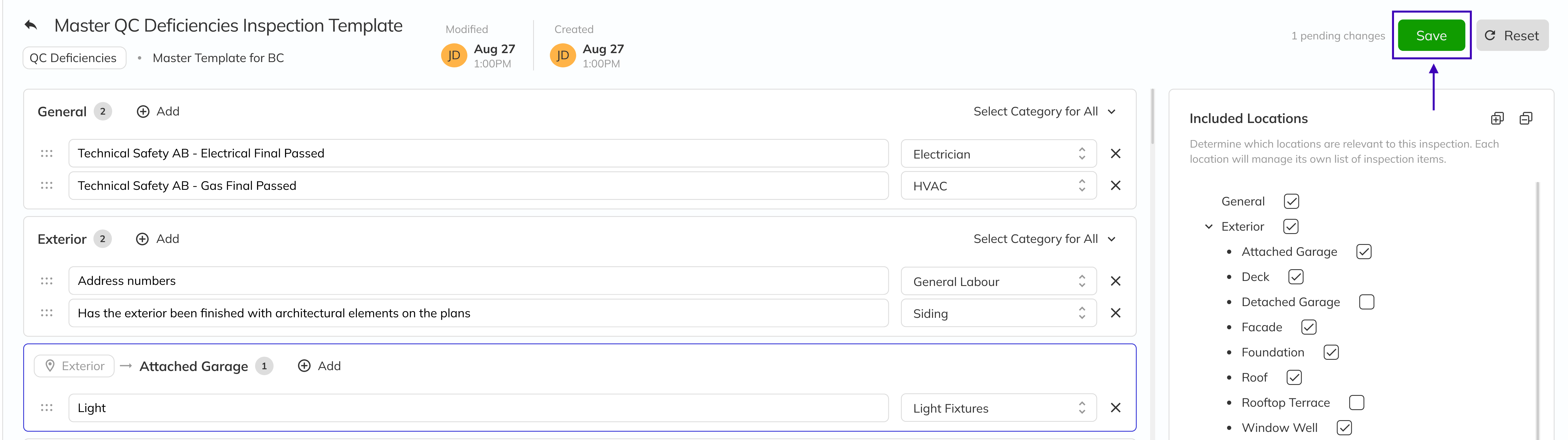 Inspection template save bar showing pending changes and save controls