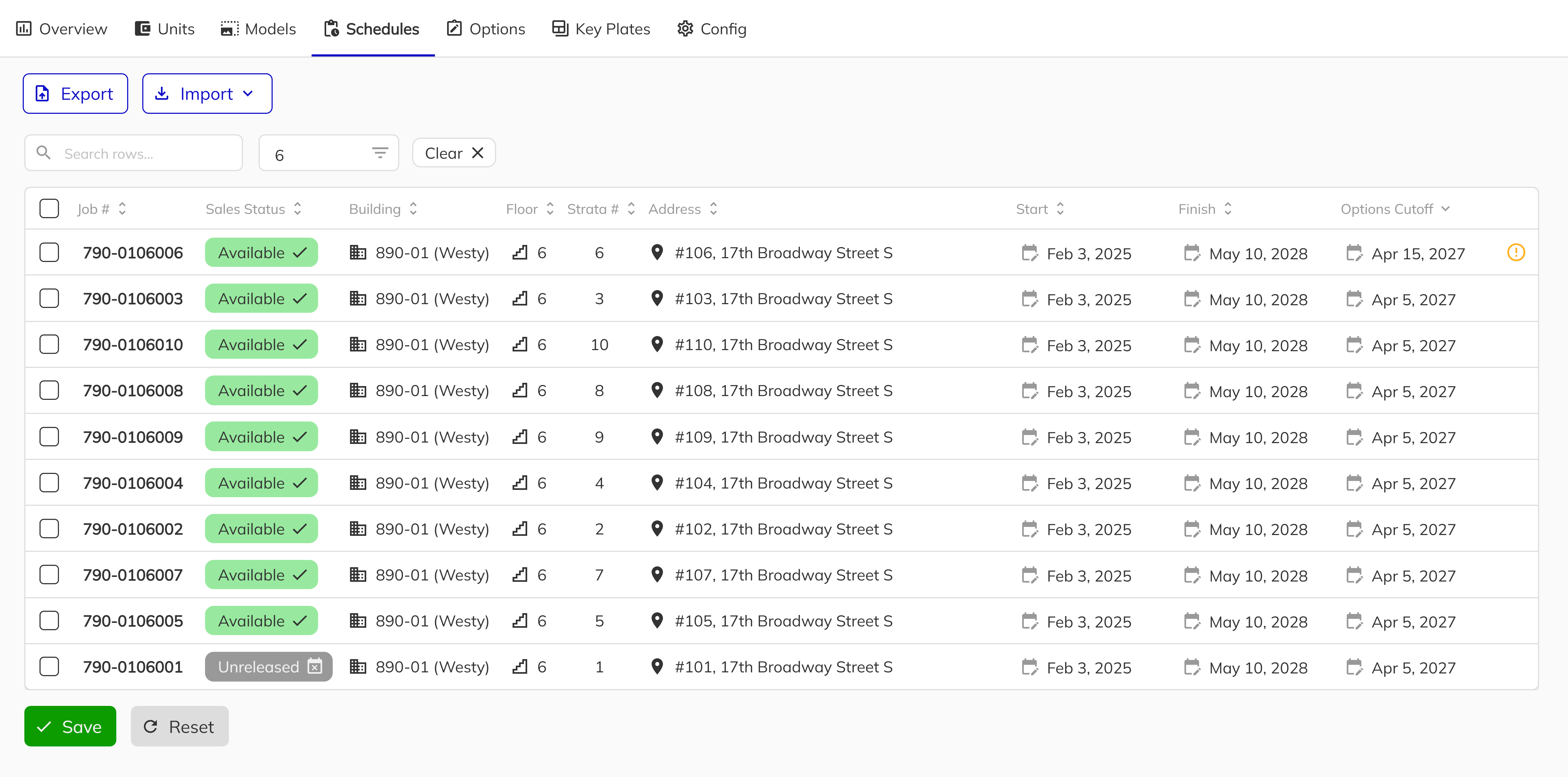 Data grid showing unit schedule milestone columns with editable date cells