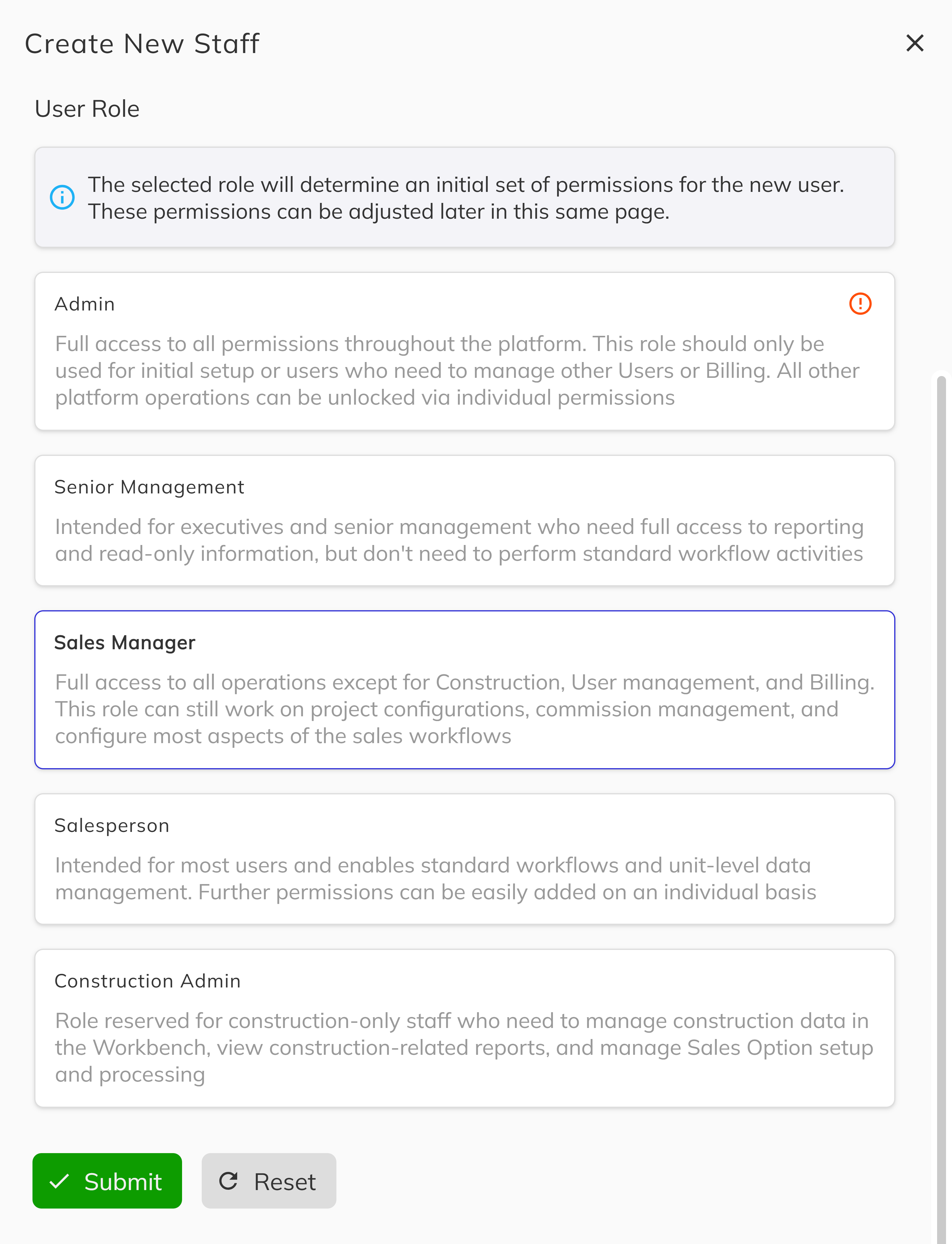 User Role selection showing Admin, Senior Management, Sales Manager, Salesperson, and Construction Admin