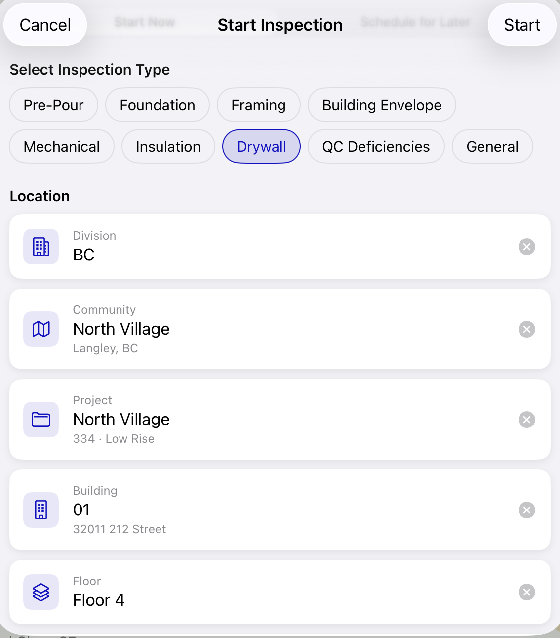 Selecting an inspection type and building/unit location