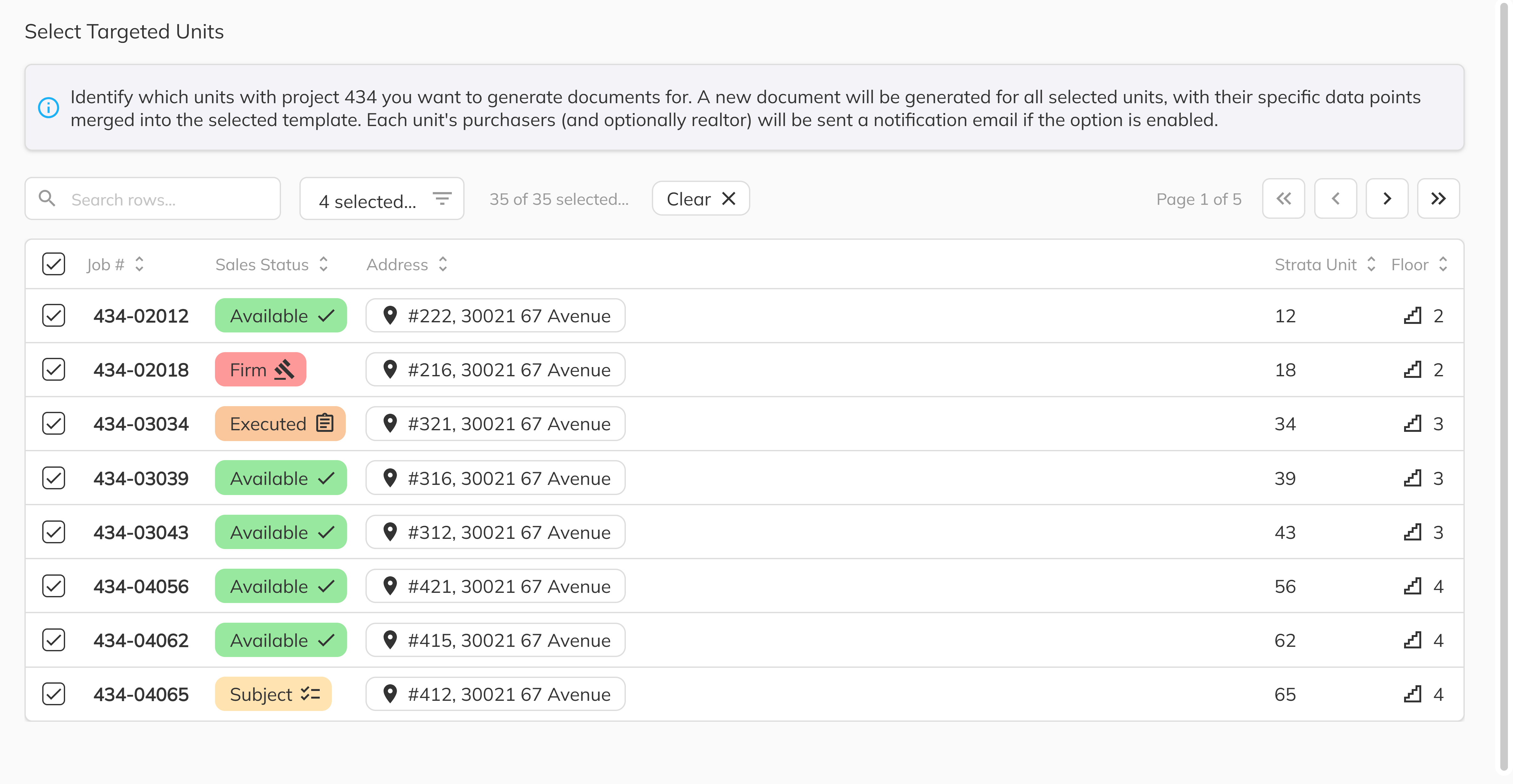 Unit selection grid with checkboxes and search