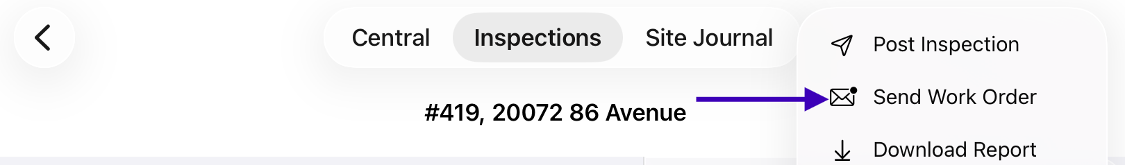 Send Work Order option in the inspection menu