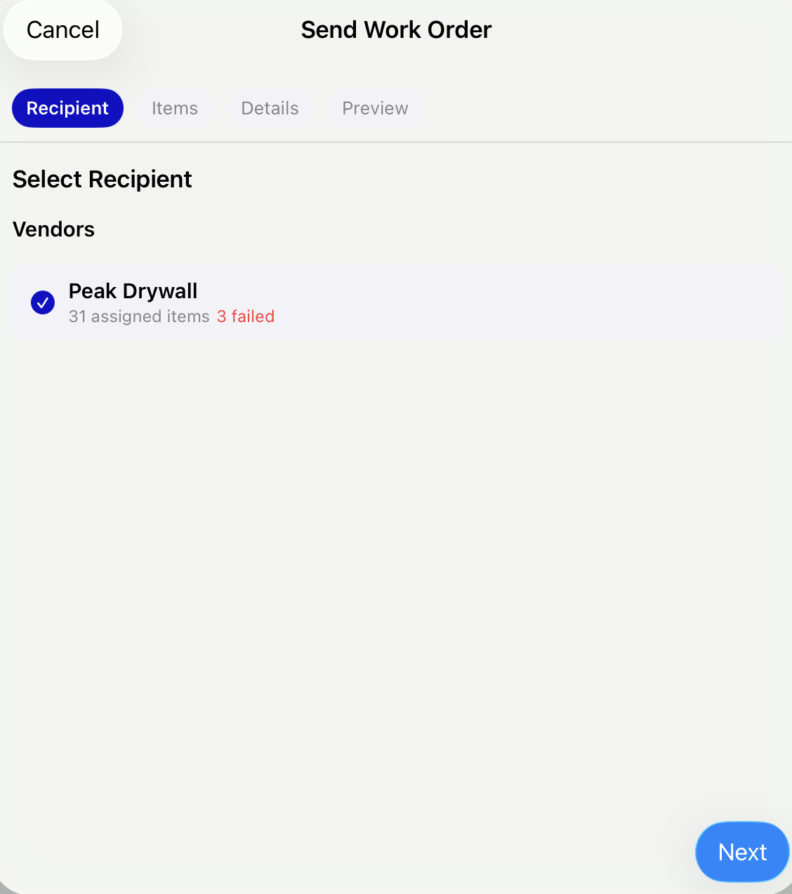 Send Work Order option in the inspection menu