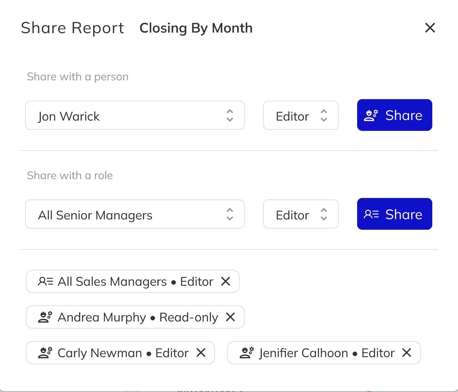 Share Report dialog with person and role options