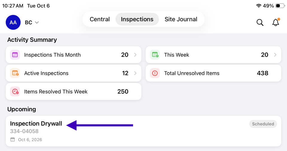 Start Inspection confirmation dialog