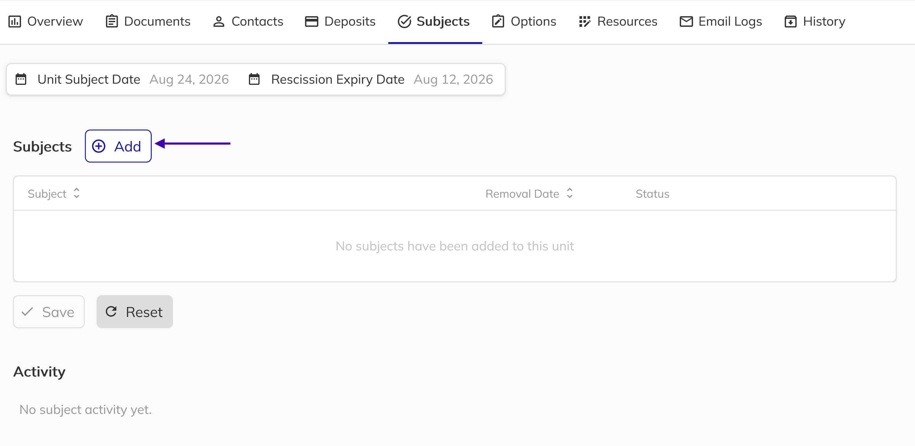 Add button on the Subjects tab