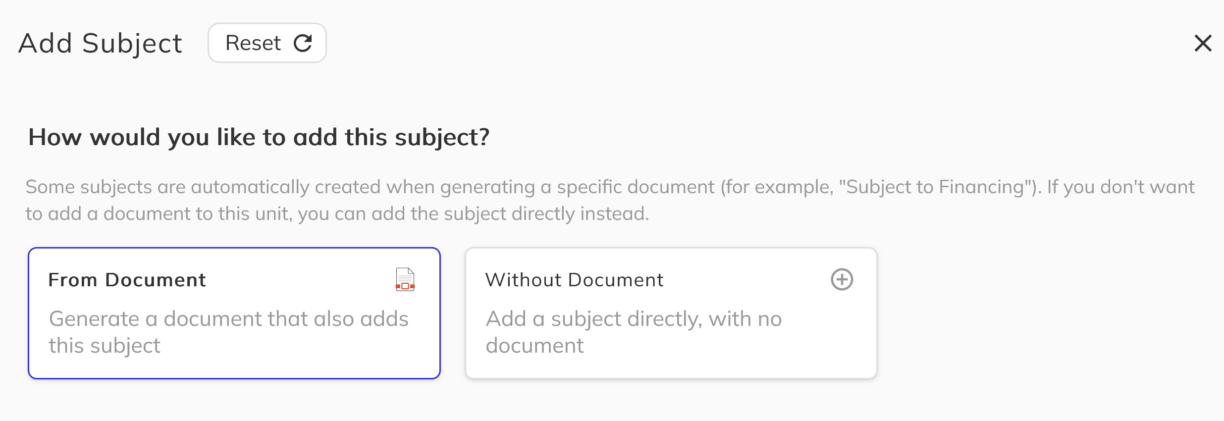Selecting the document subject option