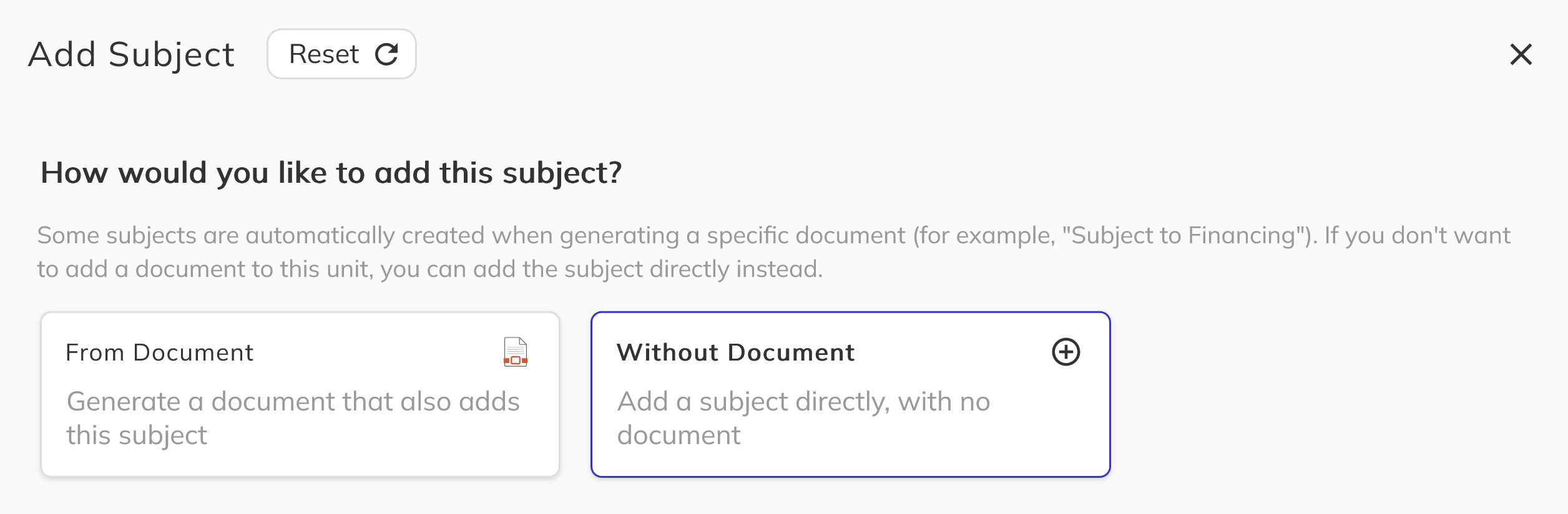 Selecting the manual subject option