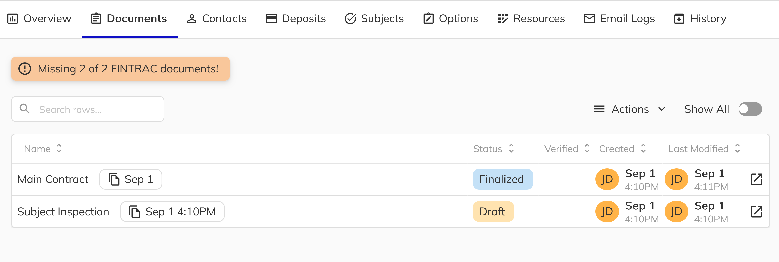 Generated subject document in Draft status