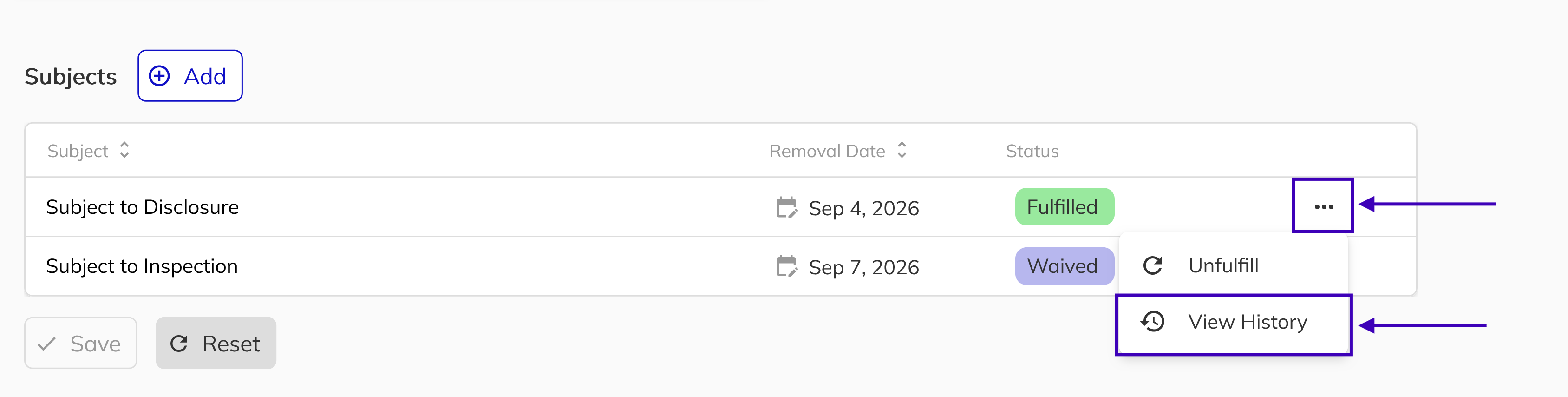Subject activity history