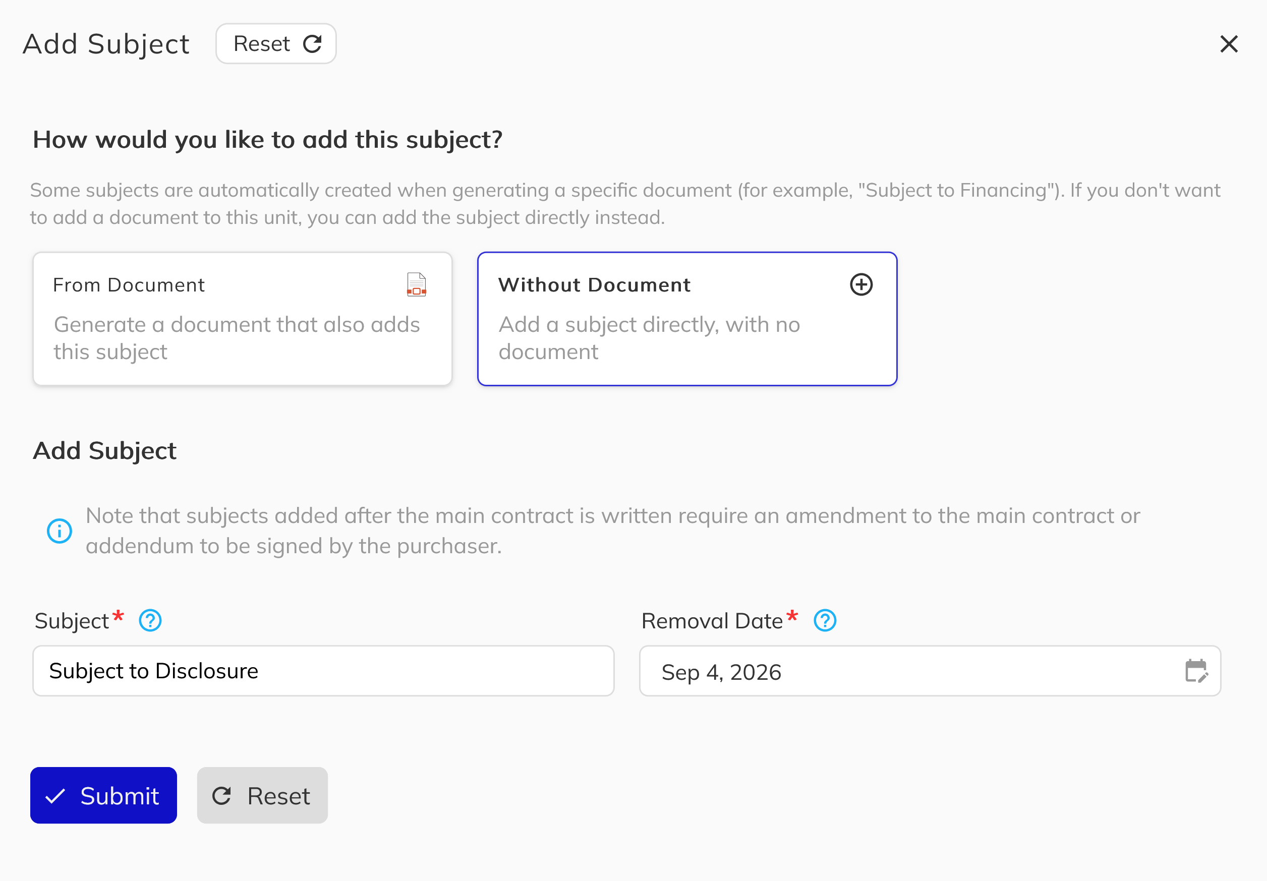 Entering the manual subject details