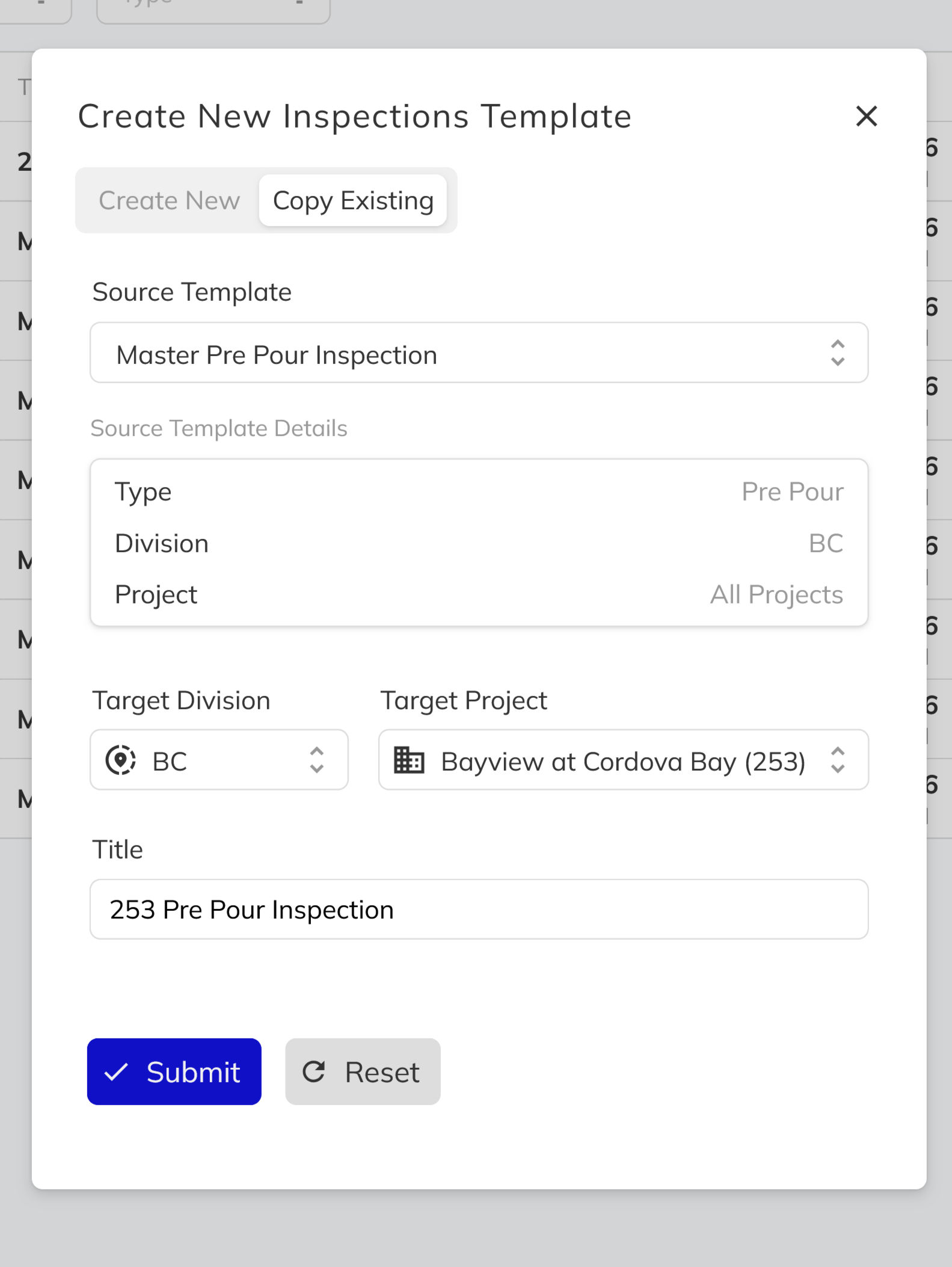 Inspection Templates page showing the template copy dialog
