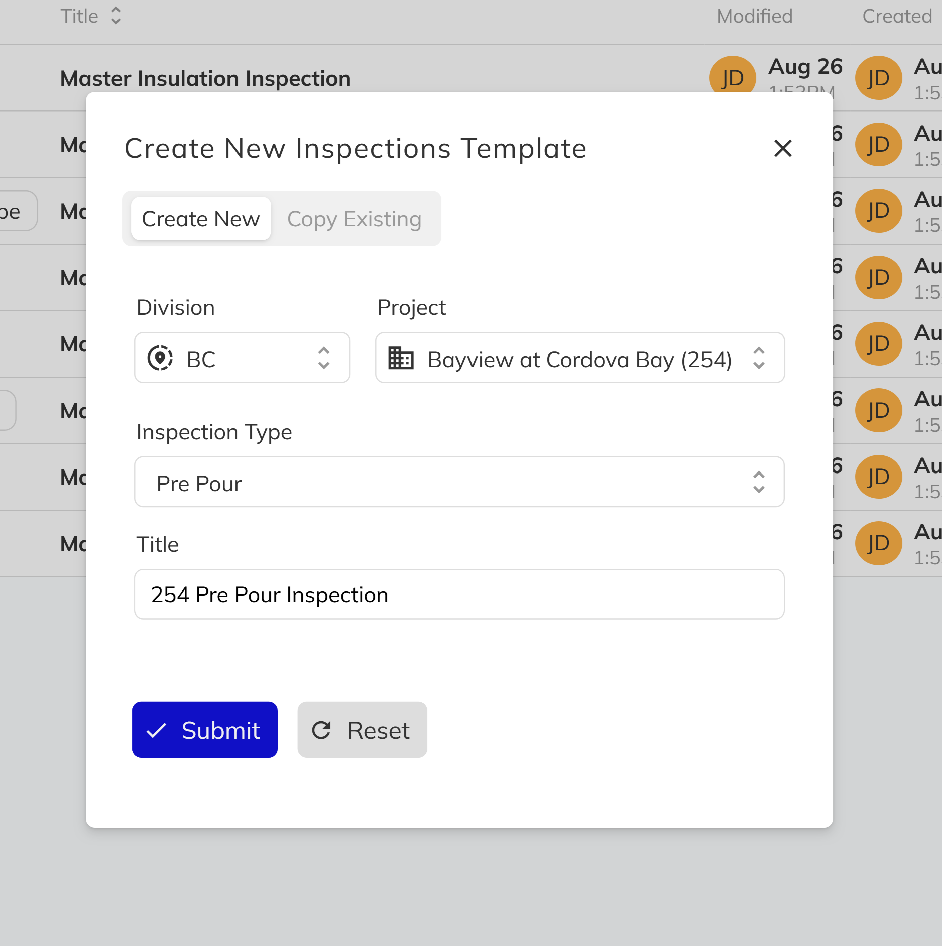 Inspection Templates page showing the template creation dialog