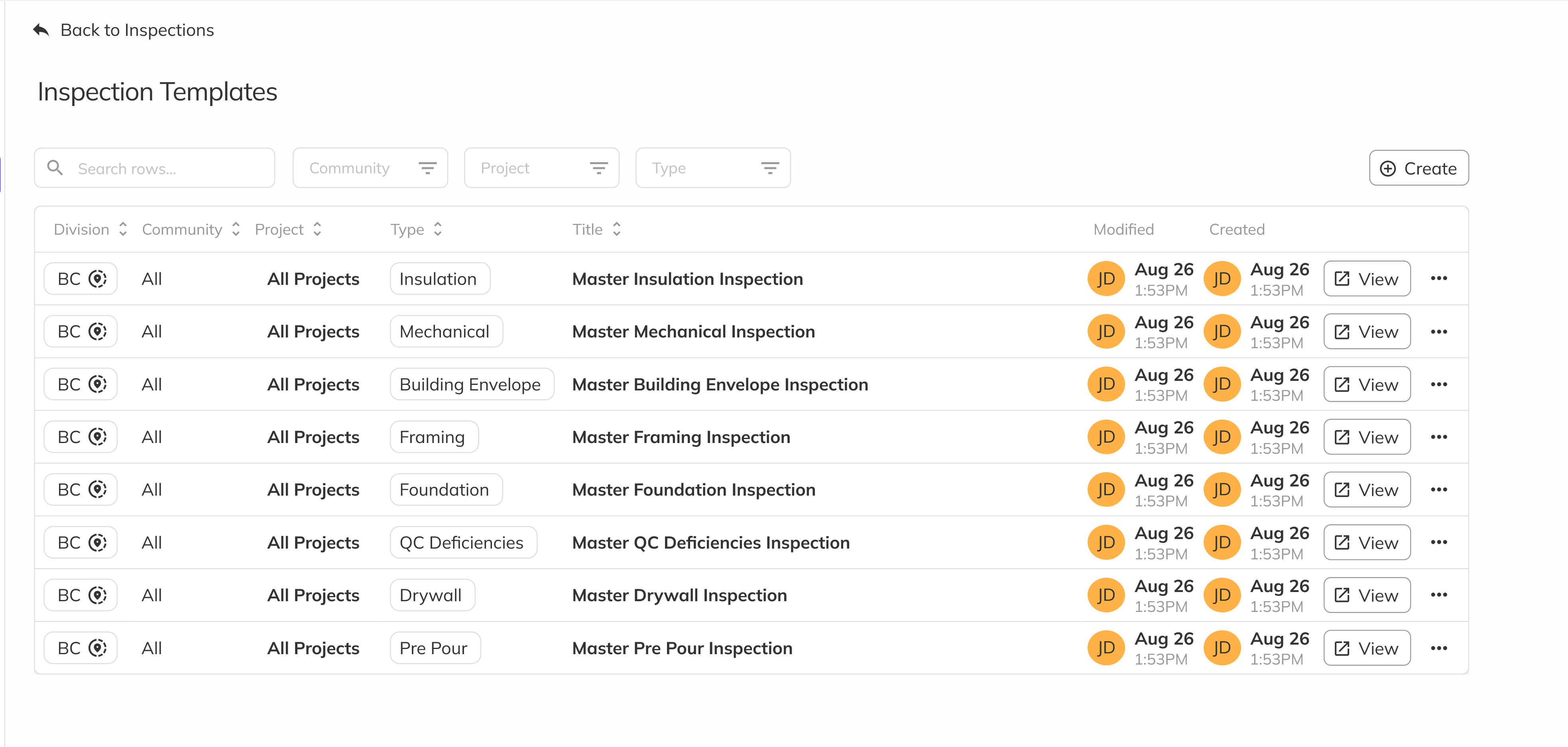 Inspection Templates page showing the template list
