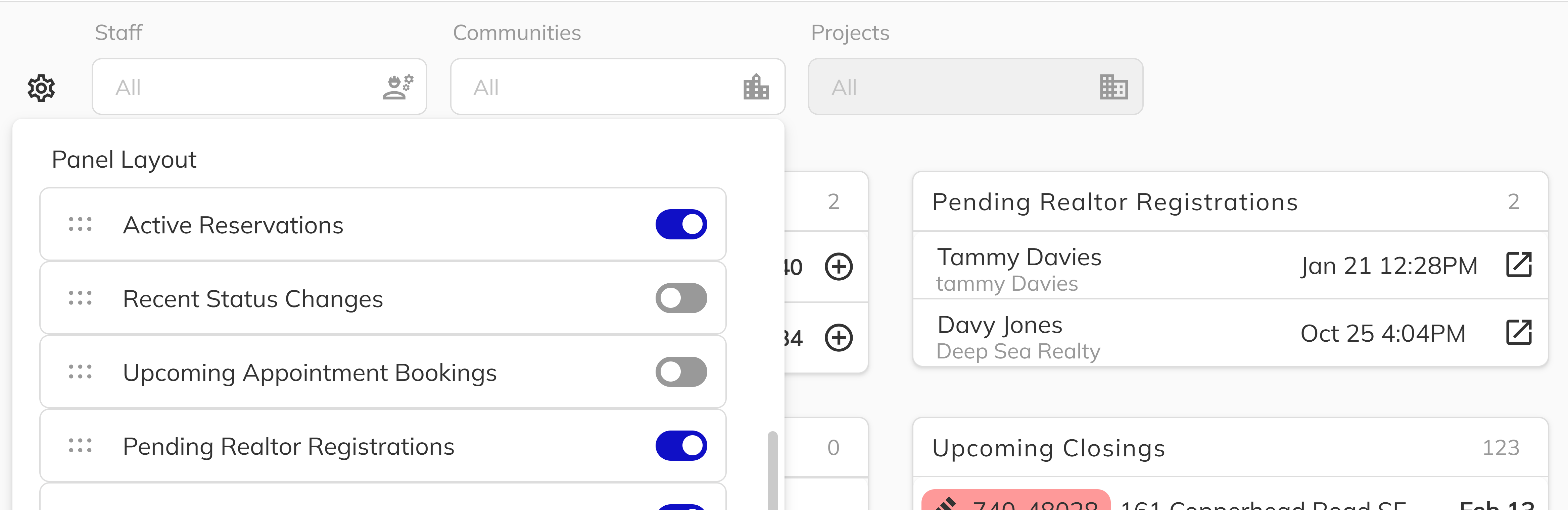 Panel visibility switches in the settings popover