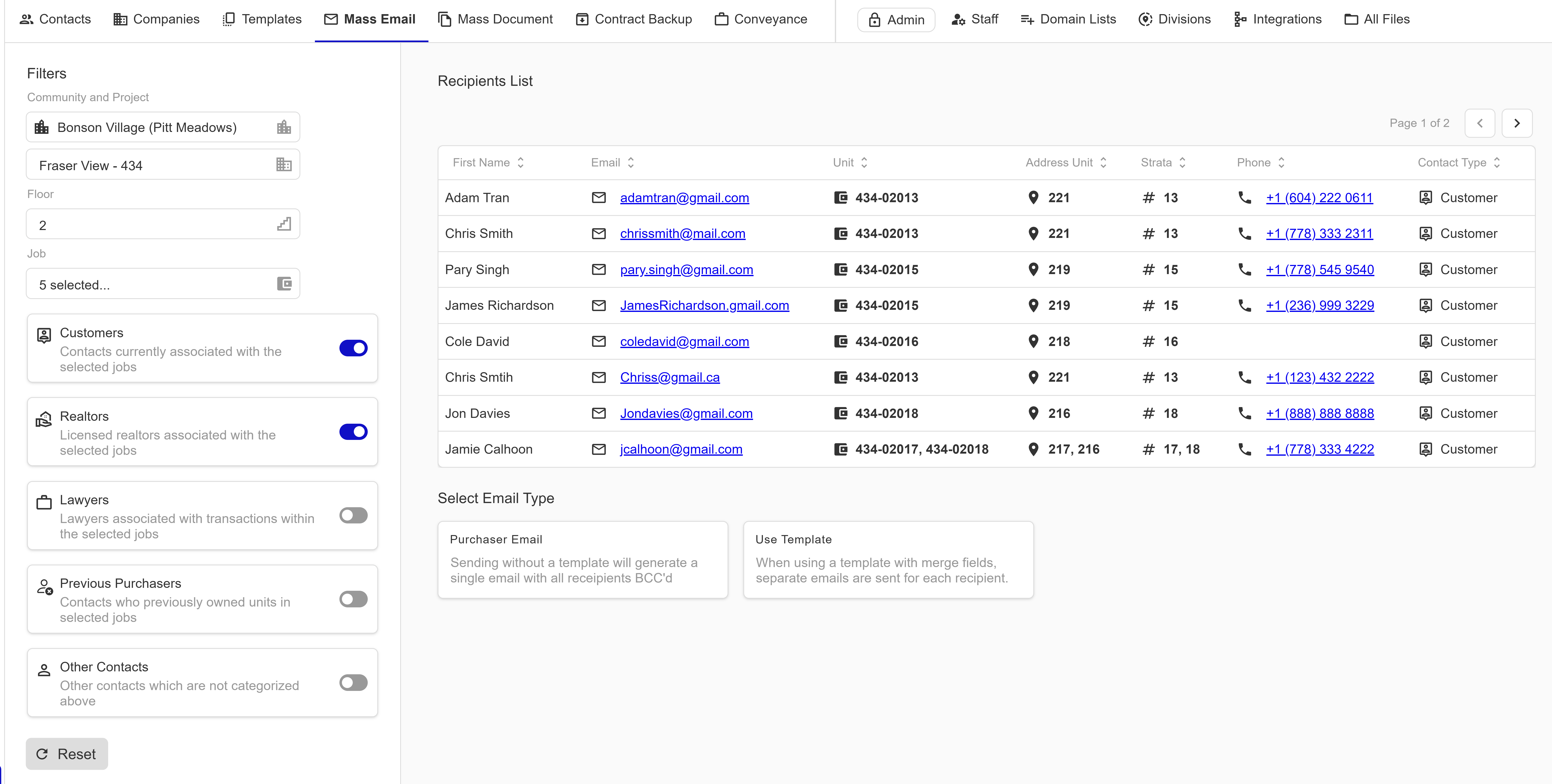 Recipient type toggle switches and the populated recipients grid