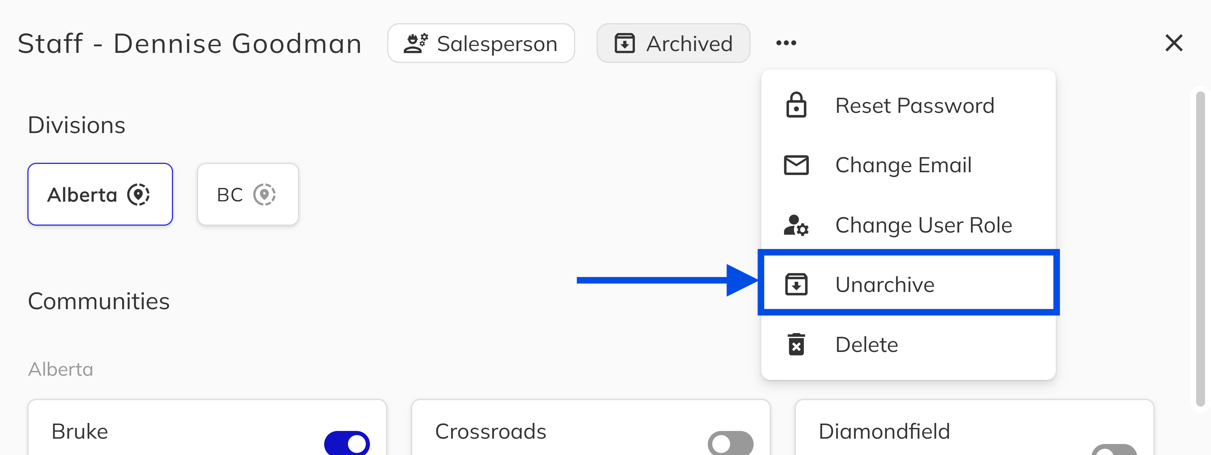 unarchiveArchive option in the staff panel actions dropdown with confirmation dialog
