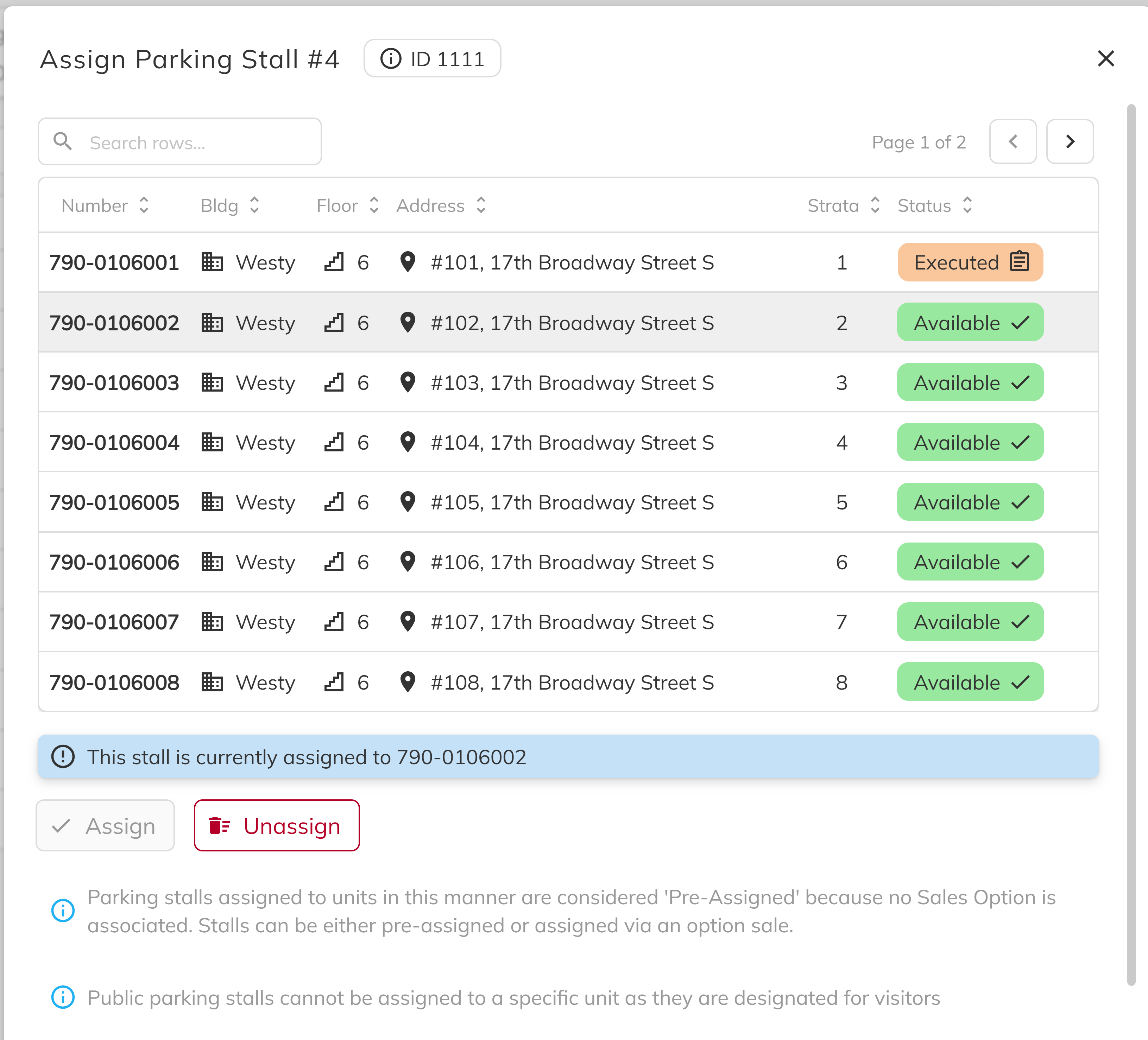 Unassign button with confirmation prompt for option-sold stalls