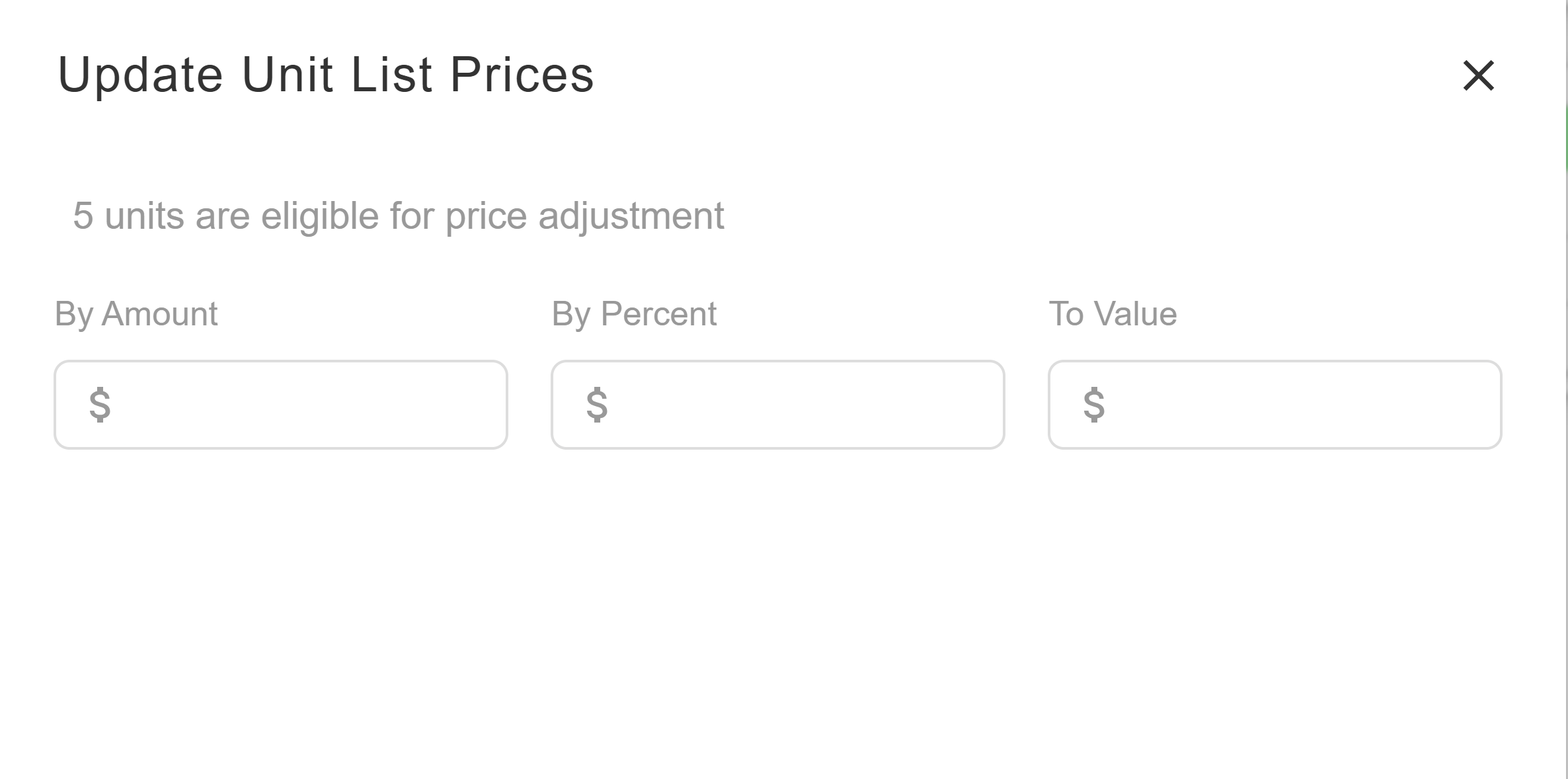 Pricing dialog showing the three adjustment methods