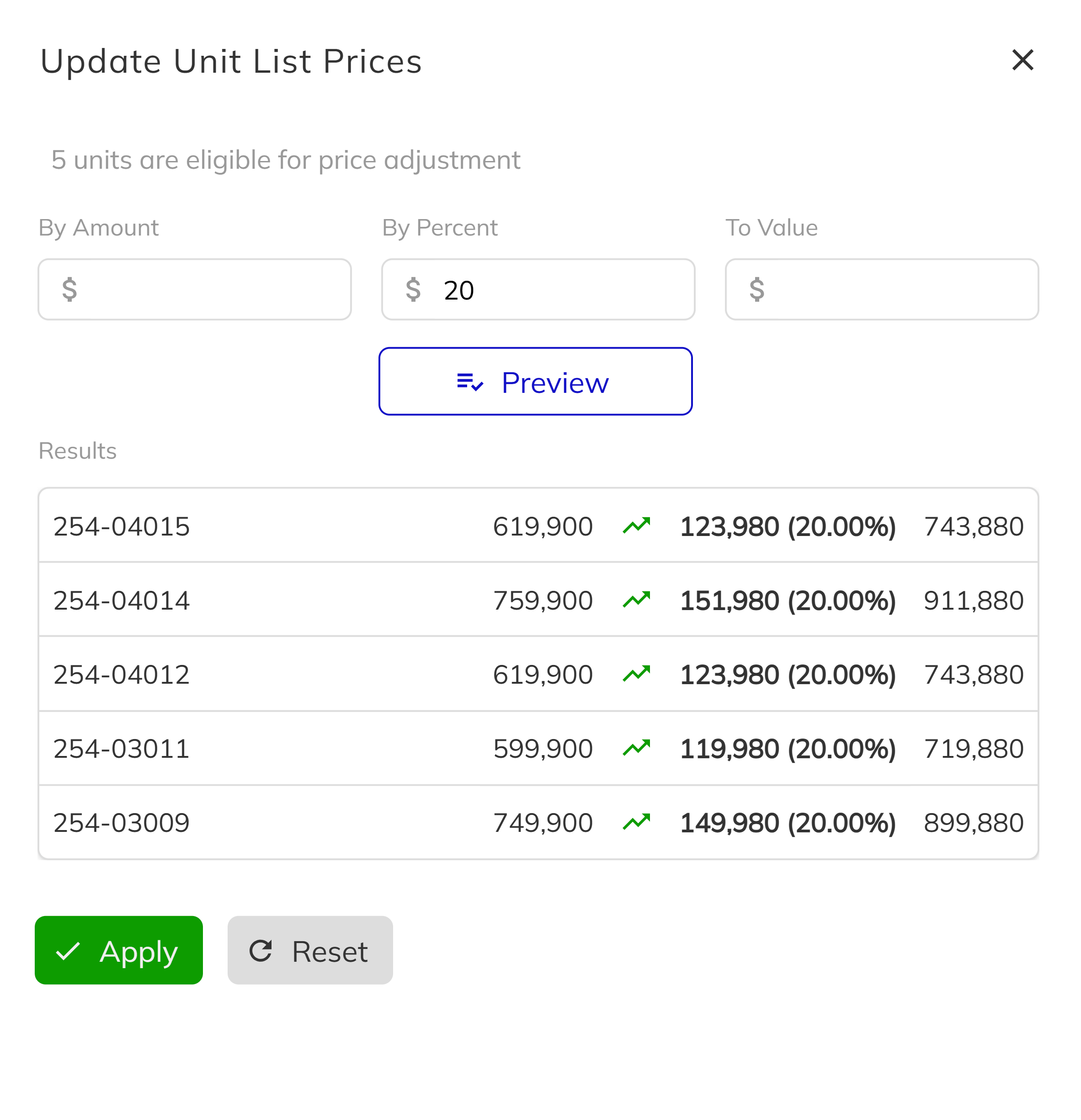 Preview grid showing original and new prices for each unit