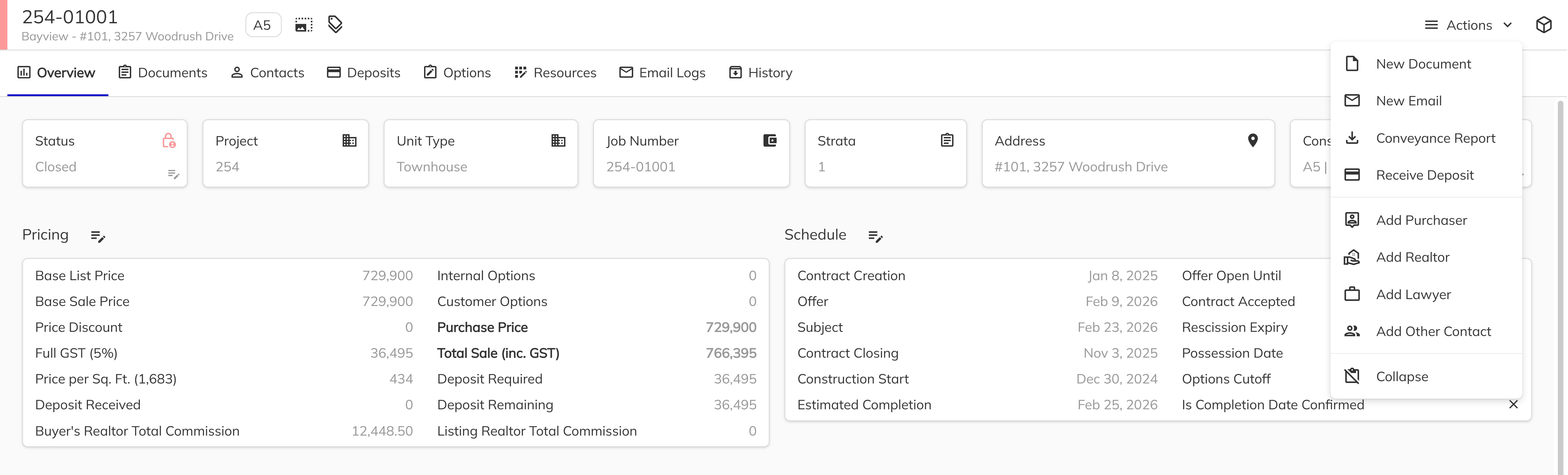 Actions dropdown menu in the Unit View