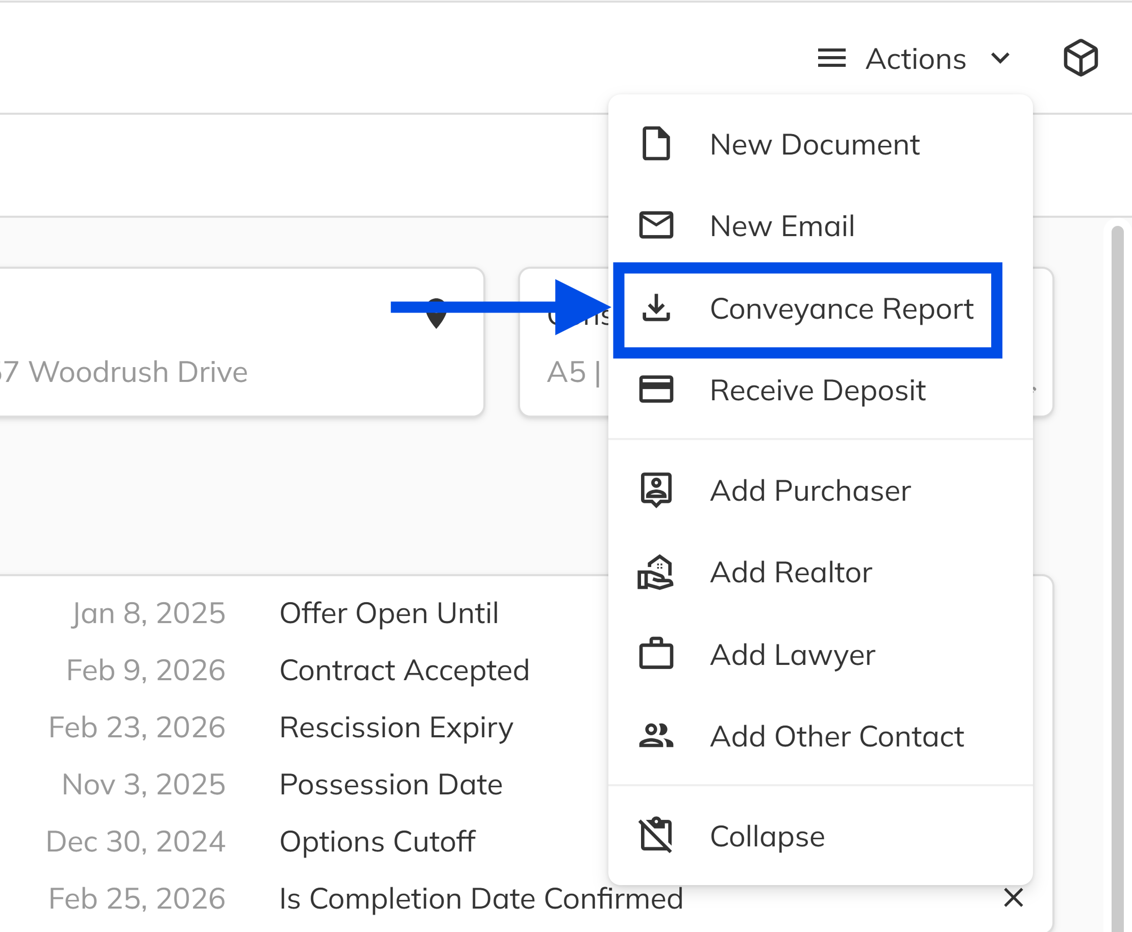 Conveyance Report option highlighted in the actions menu
