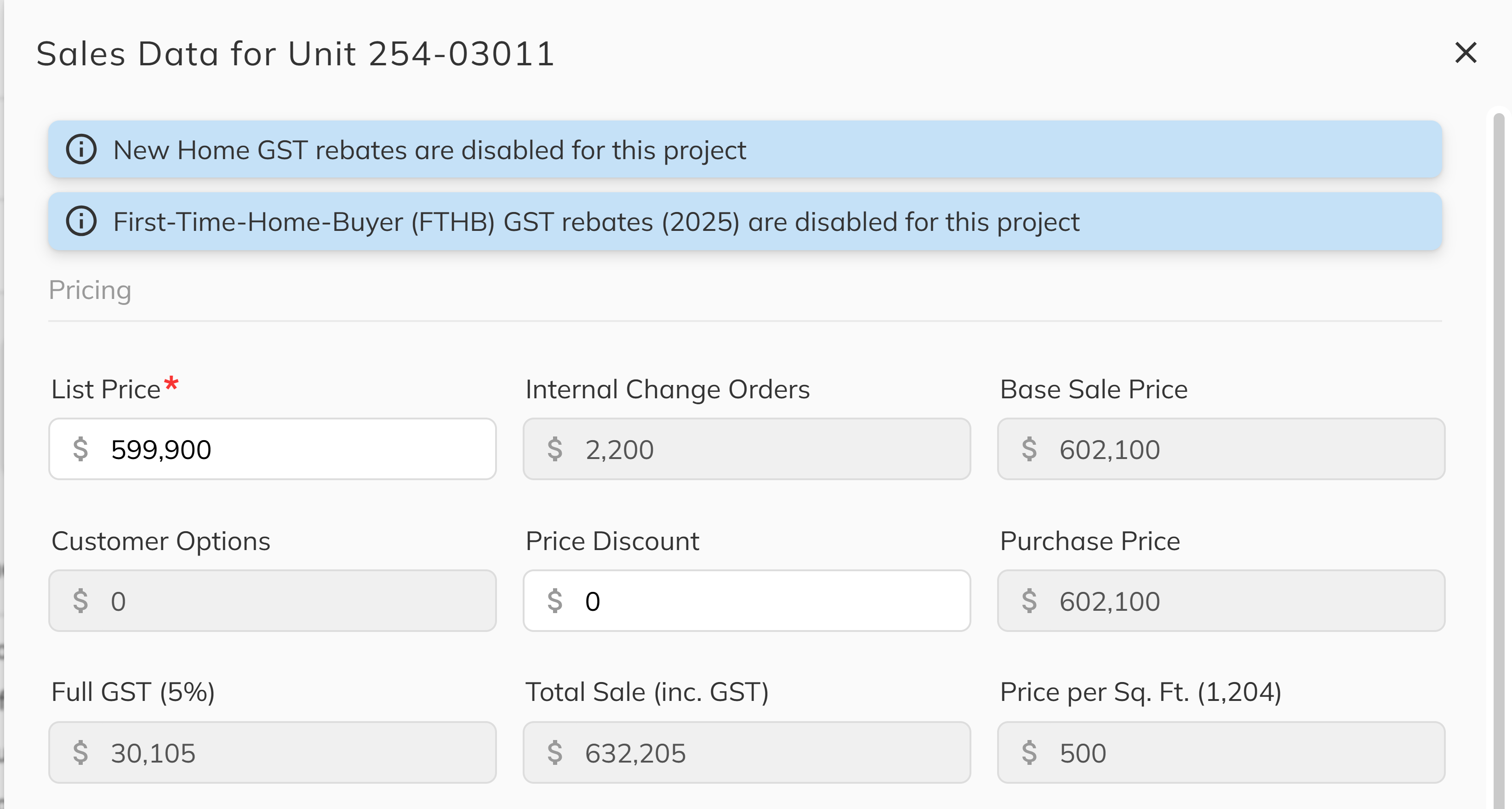 Editing the List Price in the sales data panel