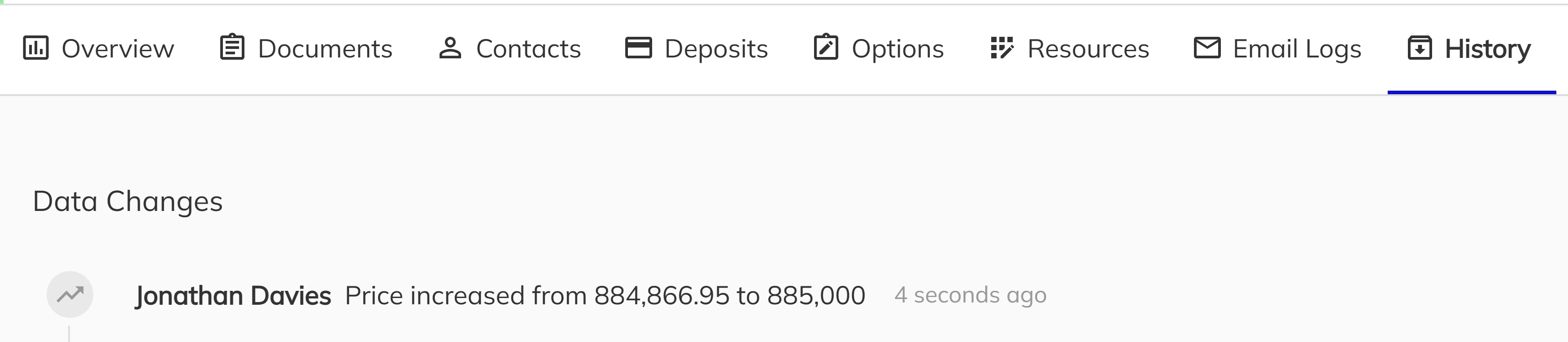 Price change history timeline in the Unit View