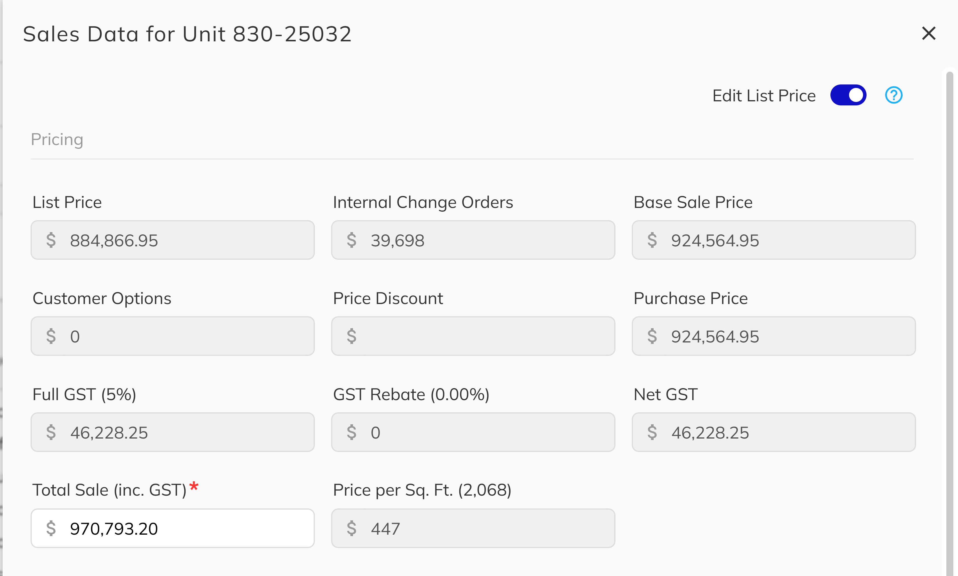 Toggle between Edit List Price and Edit Total Price modes