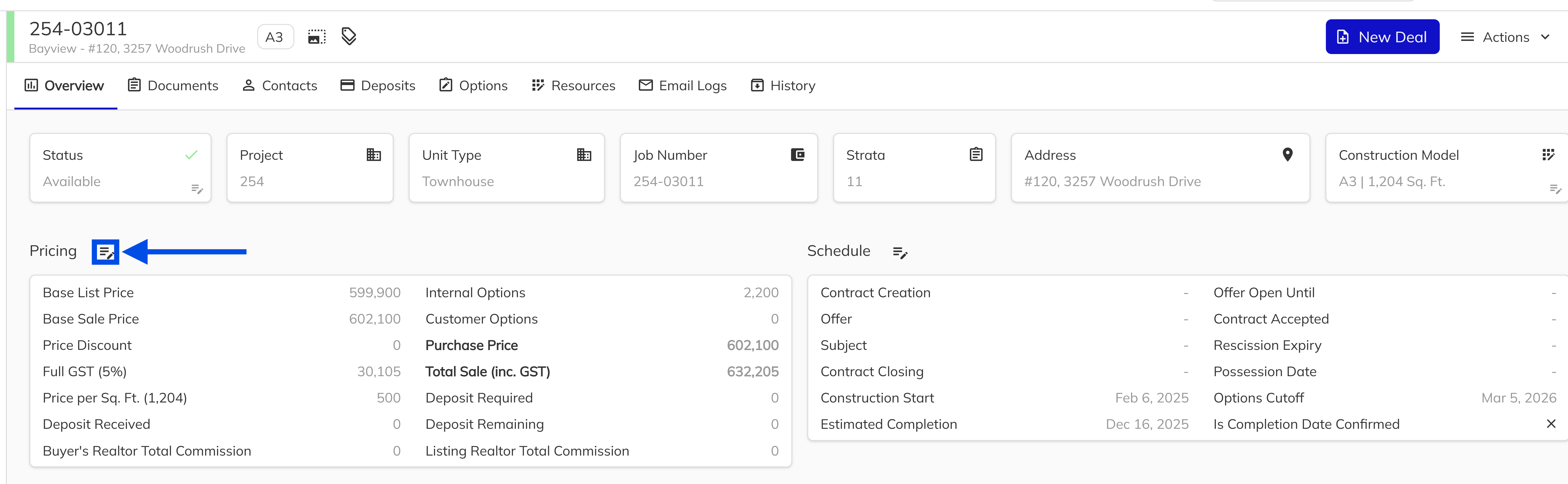 Unit View with the Sales Data side panel open