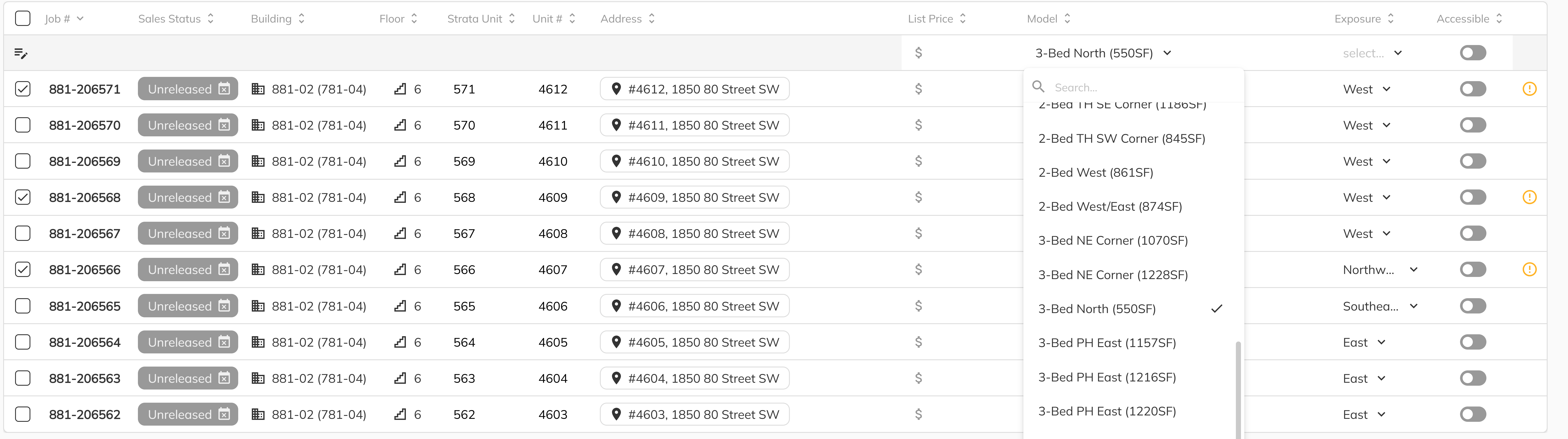 Multiple units selected with mass edit model assignment