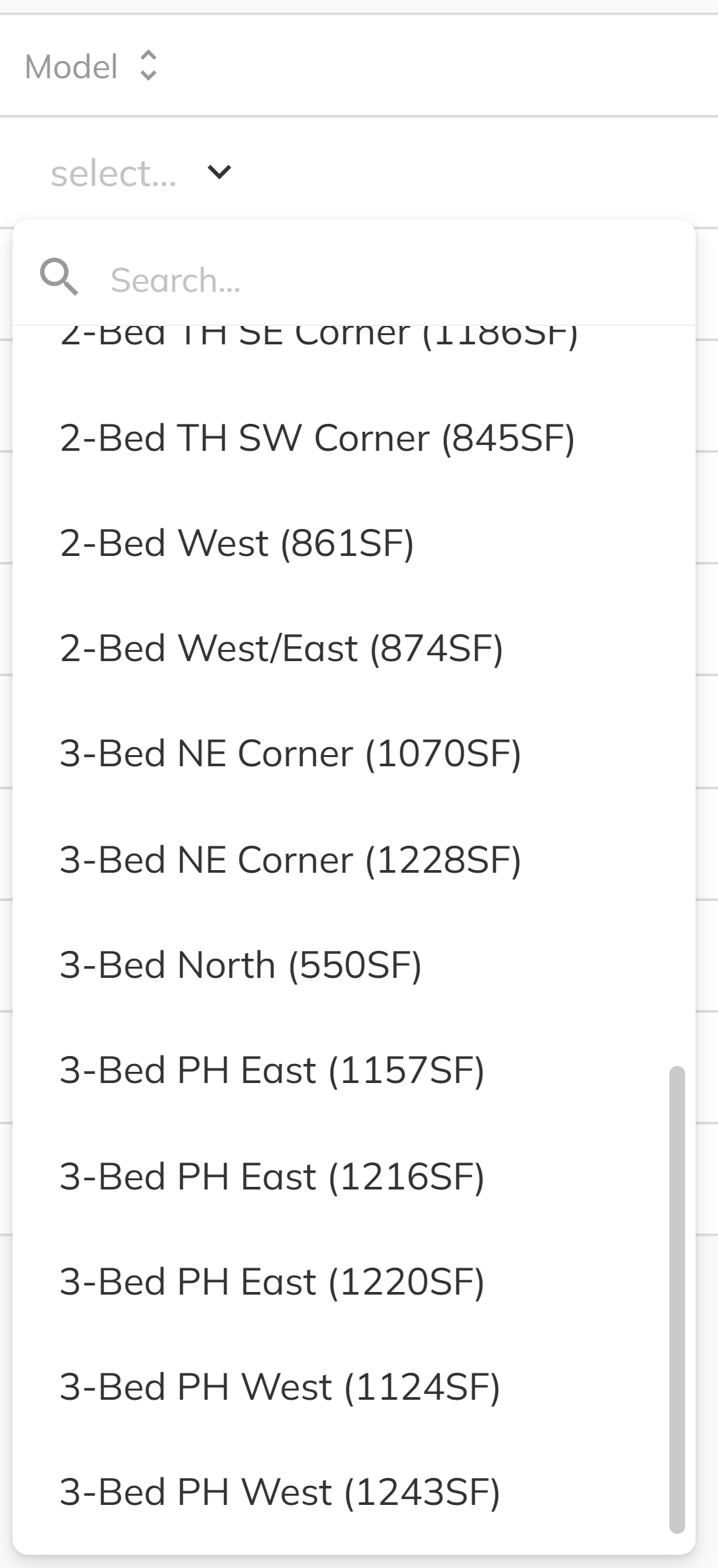 Model dropdown on a unit row showing available models