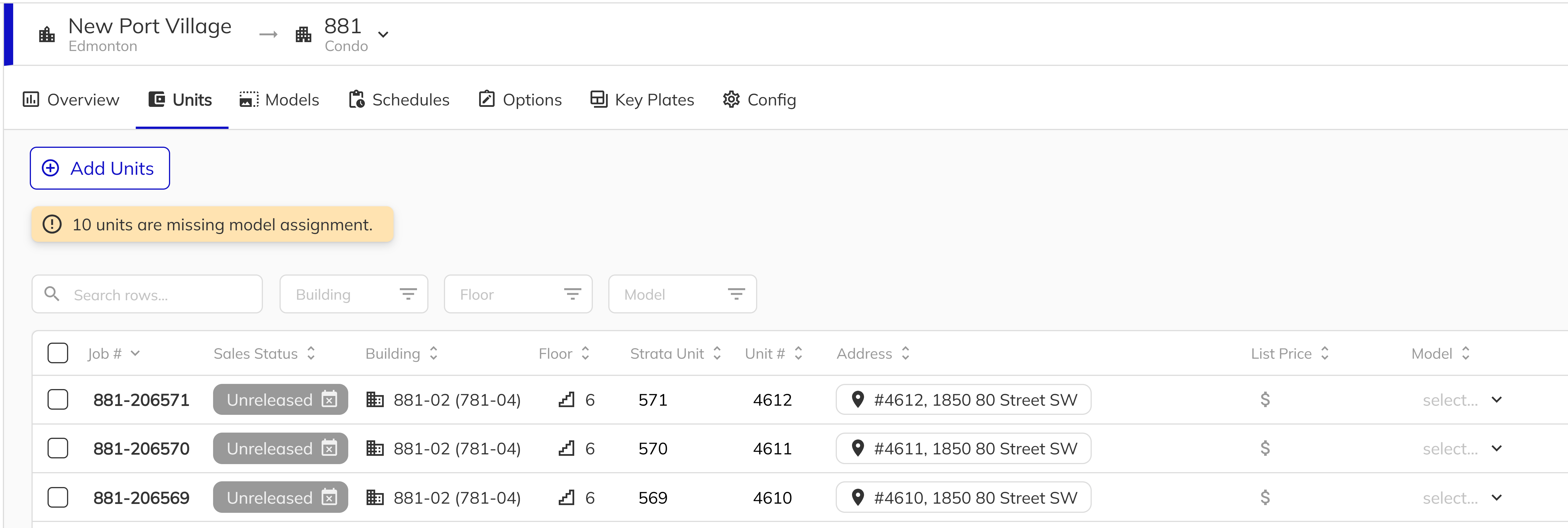 Workbench Units tab showing the units grid