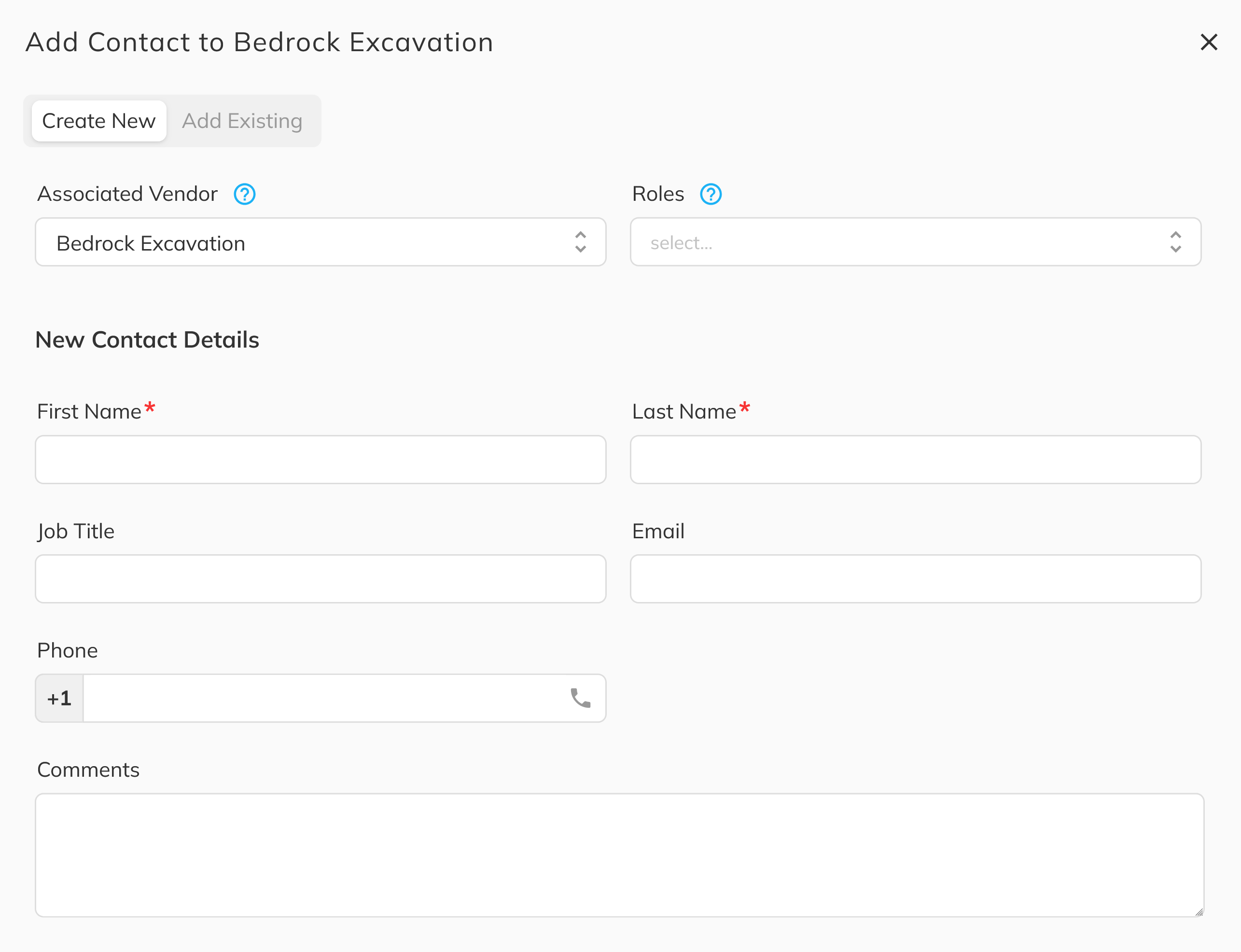 Vendor detail panel showing the Contacts section