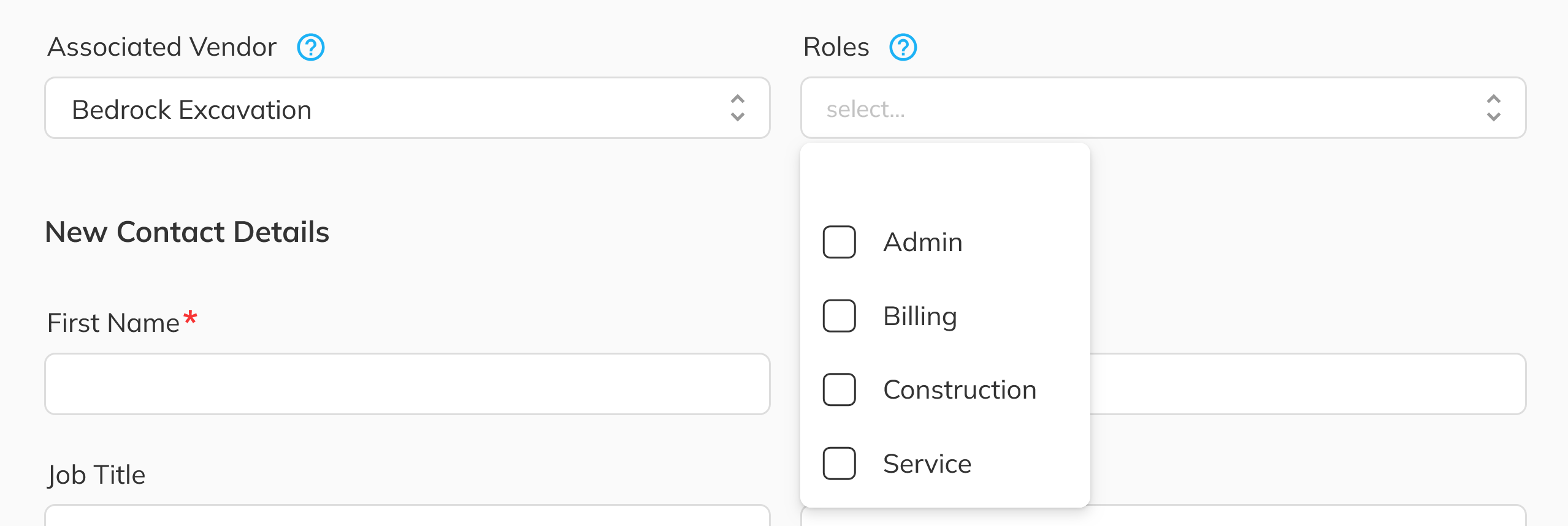 Vendor detail panel showing the Contacts section