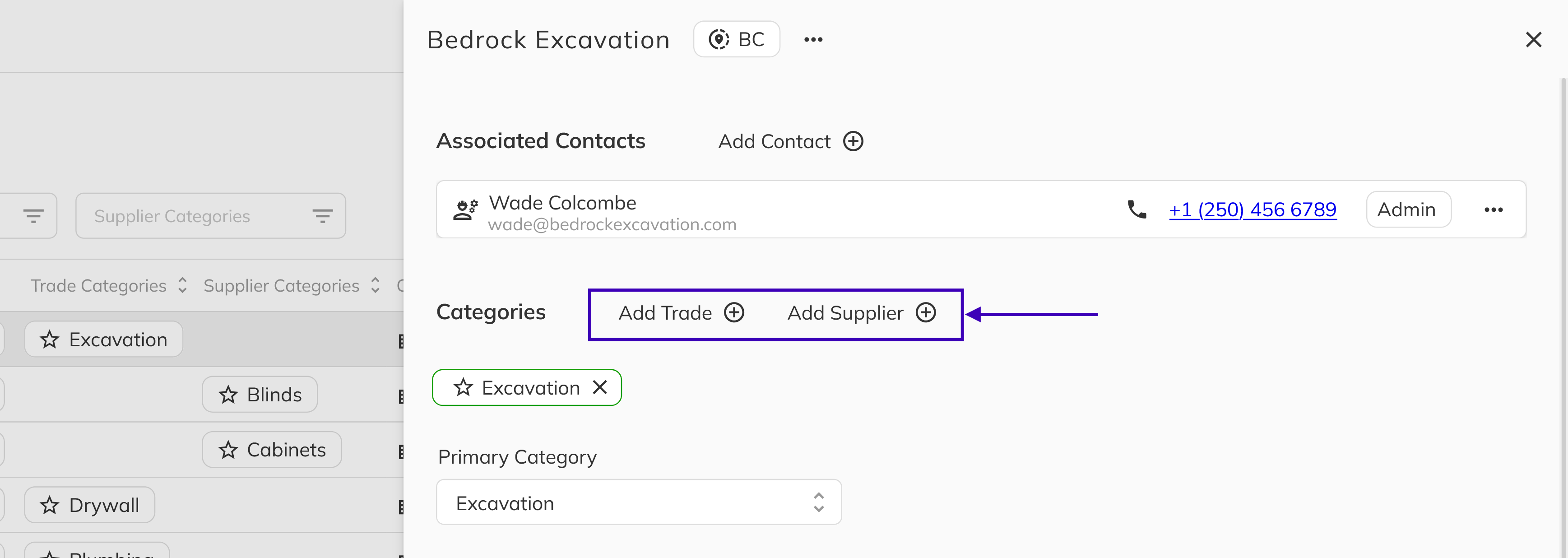 Vendor detail panel showing a selected vendor category