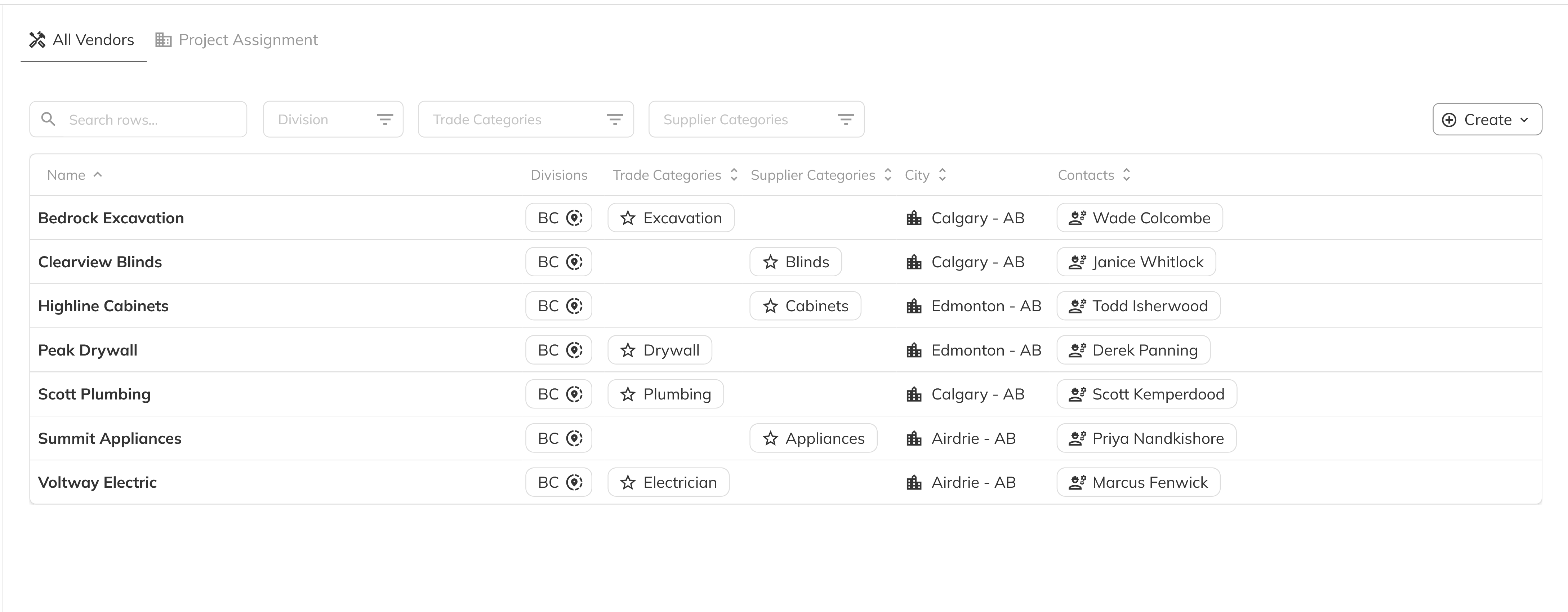 Workbench Vendors page showing the All Vendors list
