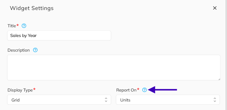 Widget Settings panel with Display Type and Report On