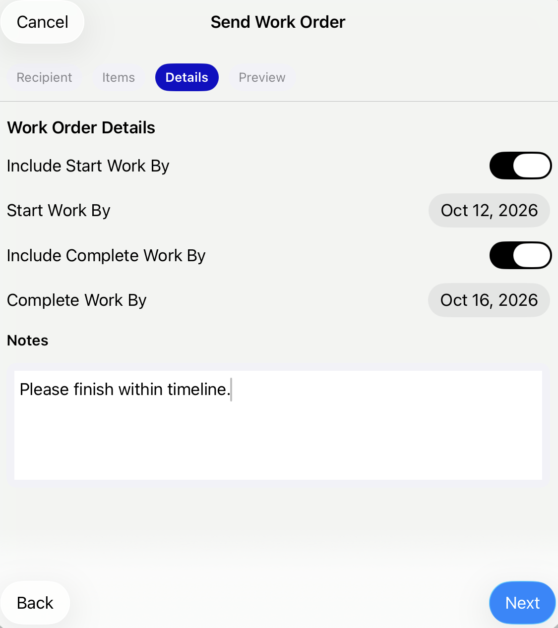 Work order preview before sending